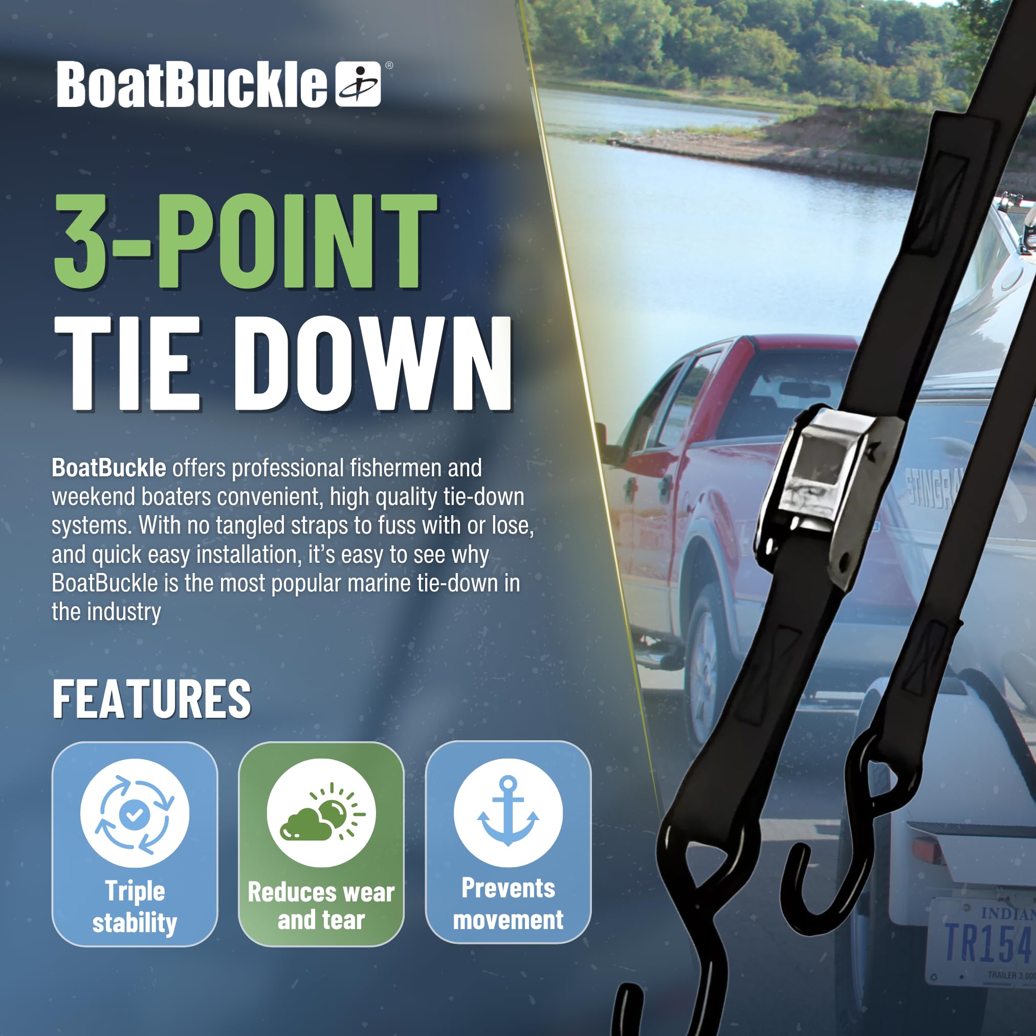P.W.C. BoatBuckle Tri-Down w/Cam Buckle & Soft Hook - 1" x 6'