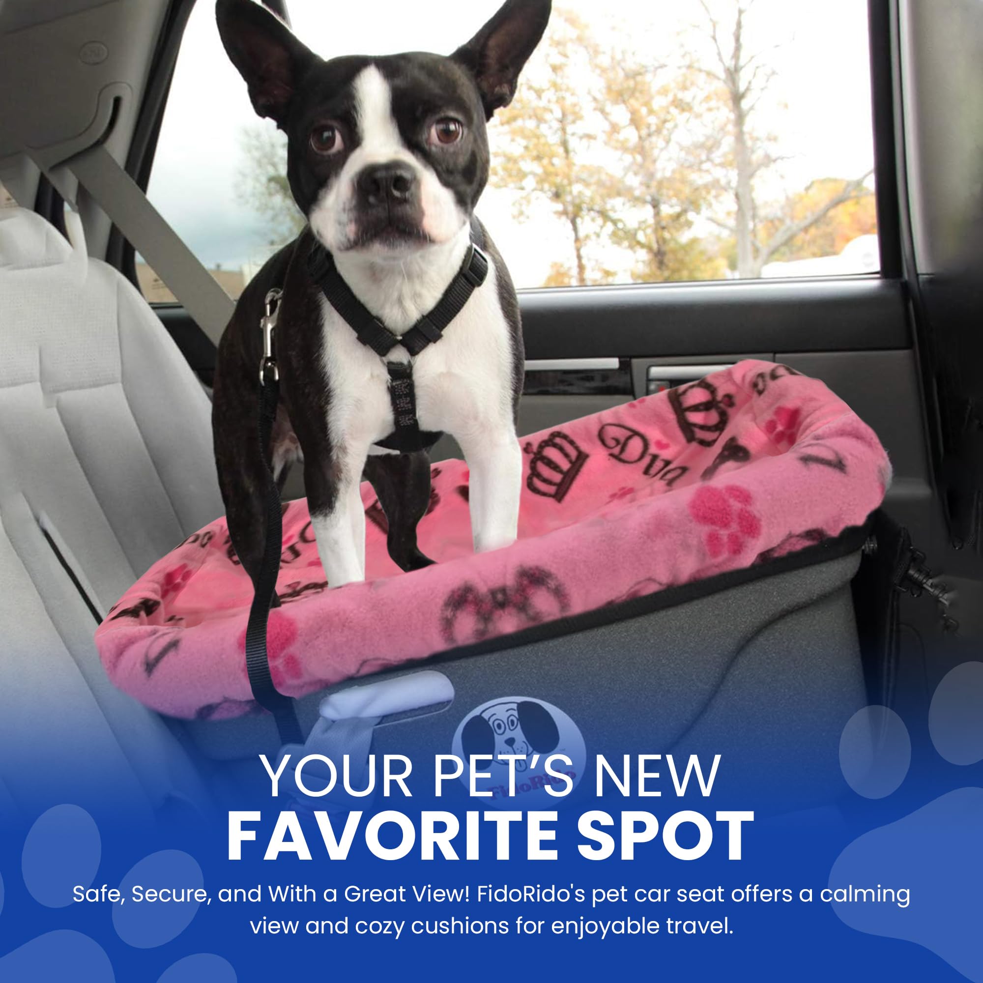 Dog Car Seat FidoRido - Booster Seat for Small to Medium Dogs with Comfortable Cushions, Sherpa Cover, and Safety Straps, Easy to Install, Ideal for Travel, Pink Diva - Medium Harness
