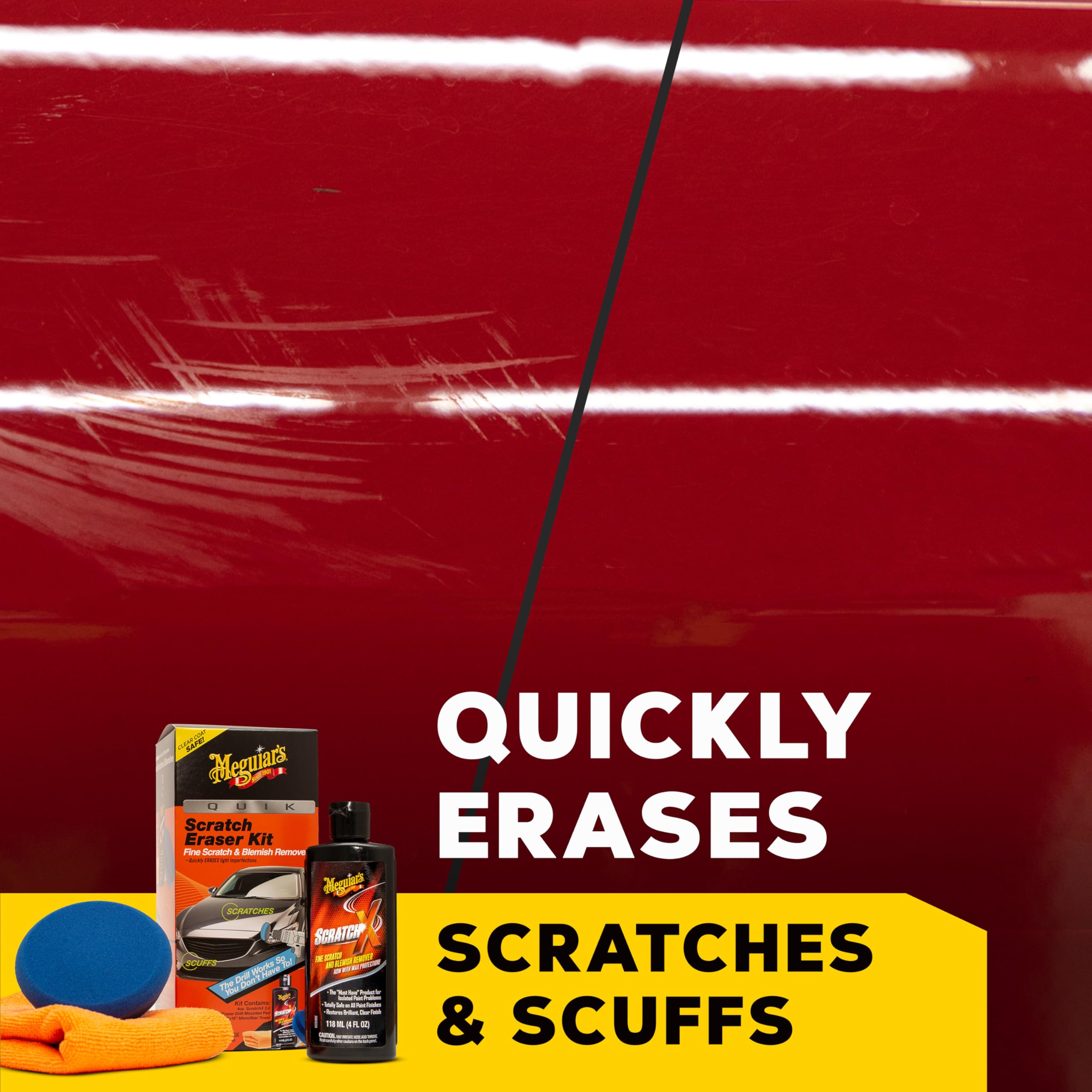 Quik Scratch Eraser Kit Meguiar’s, Car Scratch Remover for Fixing Surface Blemishes, Includes ScratchX, Drill-Mounted Pad, and Microfiber Towel, Great Car Gifts for Men and Women