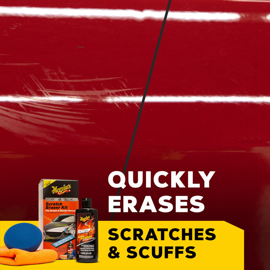 Quik Scratch Eraser Kit Meguiar’s, Car Scratch Remover for Fixing Surface Blemishes, Includes ScratchX, Drill-Mounted Pad, and Microfiber Towel, Great Car Gifts for Men and Women