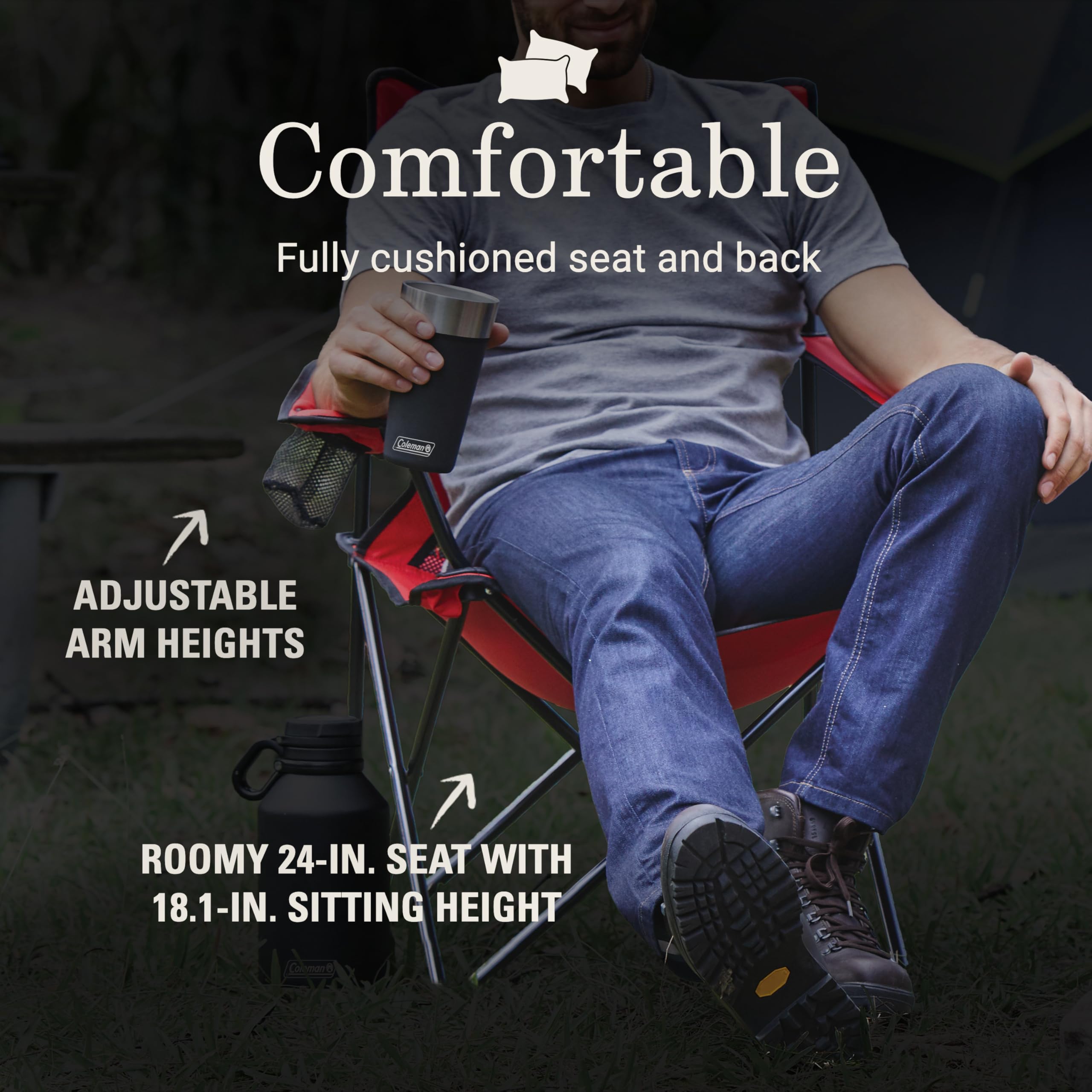 Coleman Quad Camping Chair with Broadband Mesh, Carry Bag & Cup Holder, Cooling Back with Adjustable Arms, Great for Camping, Tailgating, Firepits, Patio, & More