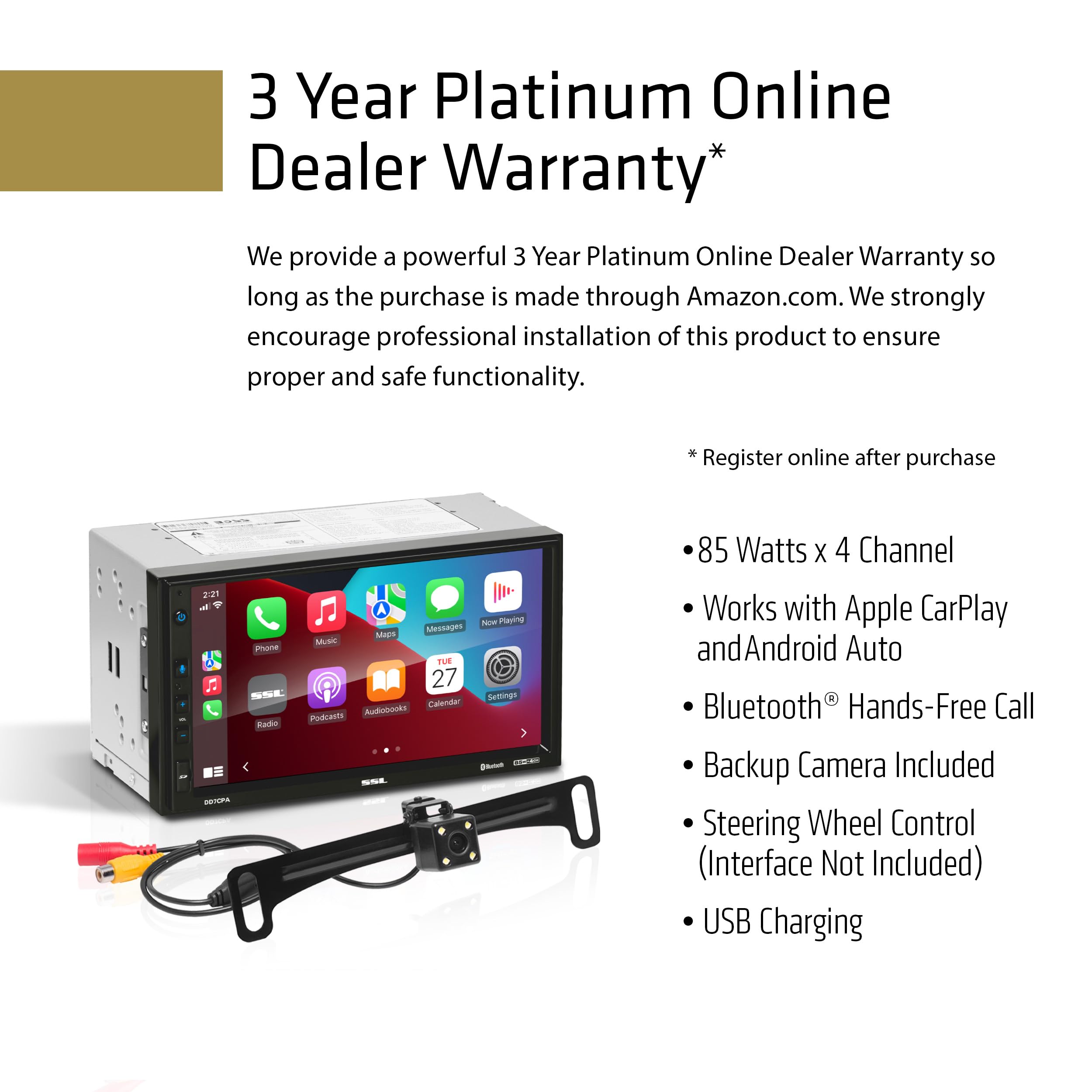 Sound Storm Laboratories Car Audio DD7CPA-C Stereo – Apple CarPlay Android Auto, Double Din 7 Inch Touchscreen, Bluetooth Audio and Hands-Free Calling, No CD DVD Player, Radio Receiver, Backup Camera