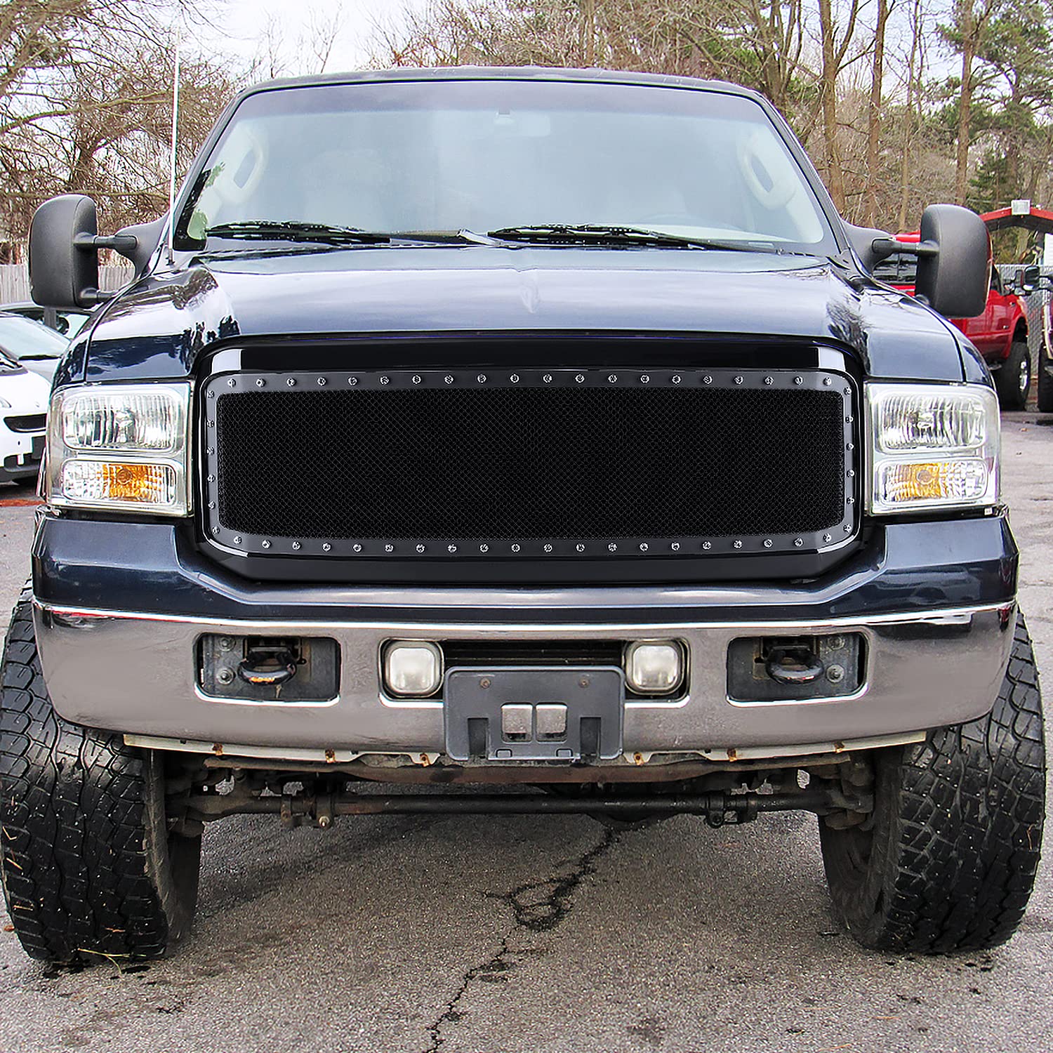 Glossy Black Spec-D Tuning Stainless Steel Rivet Mesh Style Front Hood Grille Compatible with 2005-2007 Ford F-250