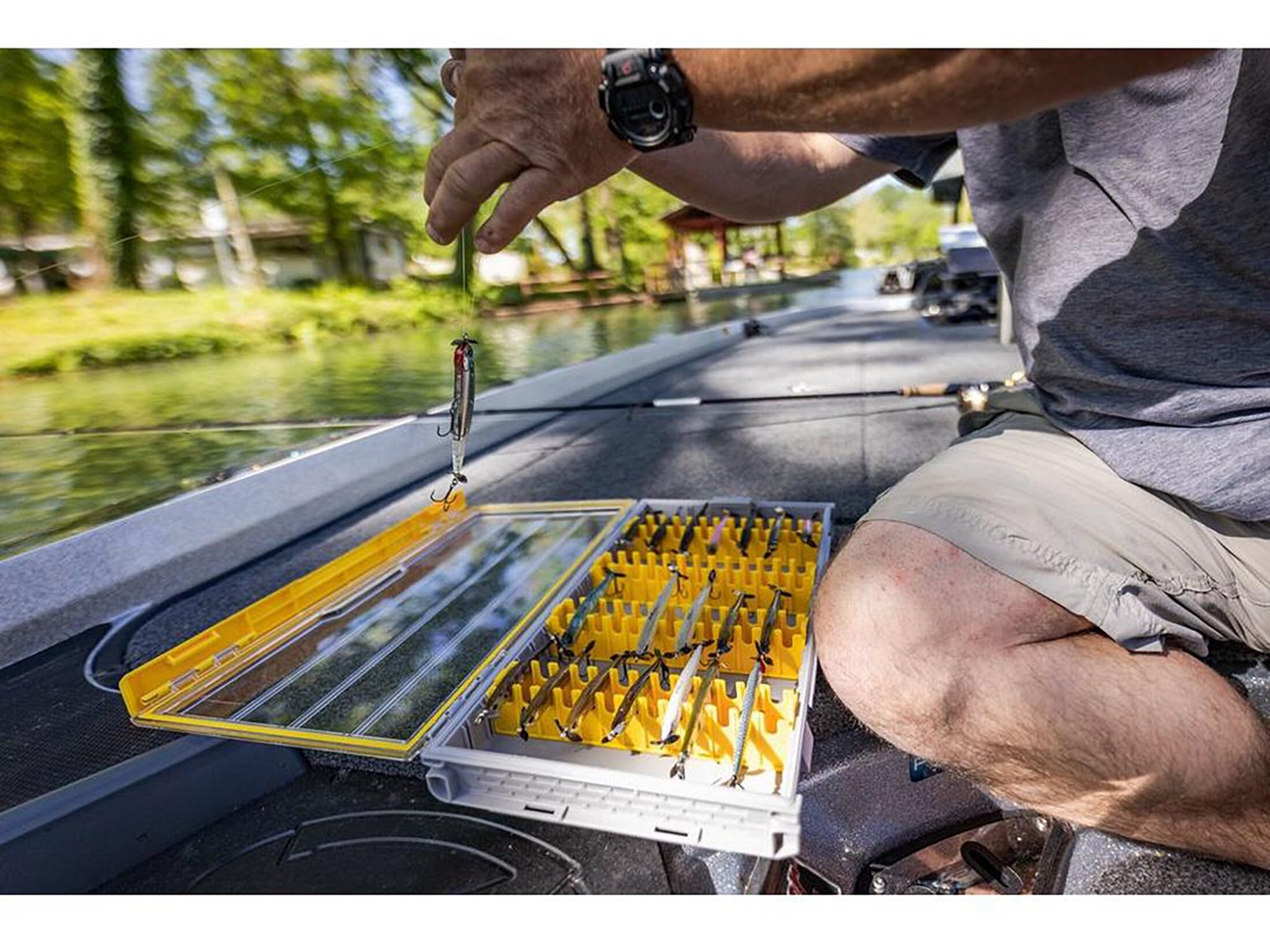 Plano 3700 Edge Vertical Jig & Spybait Box Tackle Storage, Gray and Yellow, Holds Up to 52 Vertical Baits, Rust-Resistant and Waterproof Bait Organizer Box