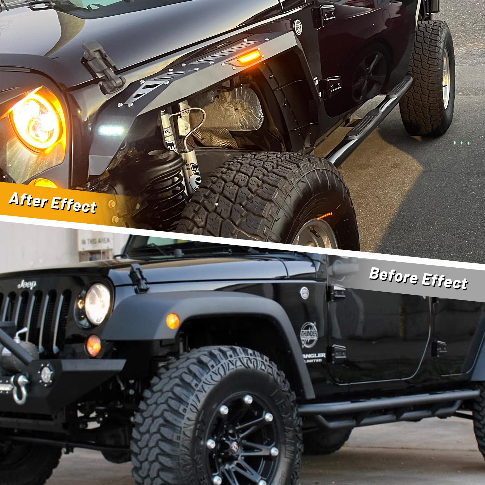WOLFSTORM Fender Flares Front for 2007-2018 Jeep Wrangler JK/JK,Sequential Turn Signal Light and DRL Light Function Design,2007-2018 Jeep JK Front Fender Flares Replacement Accessories,Right+Left