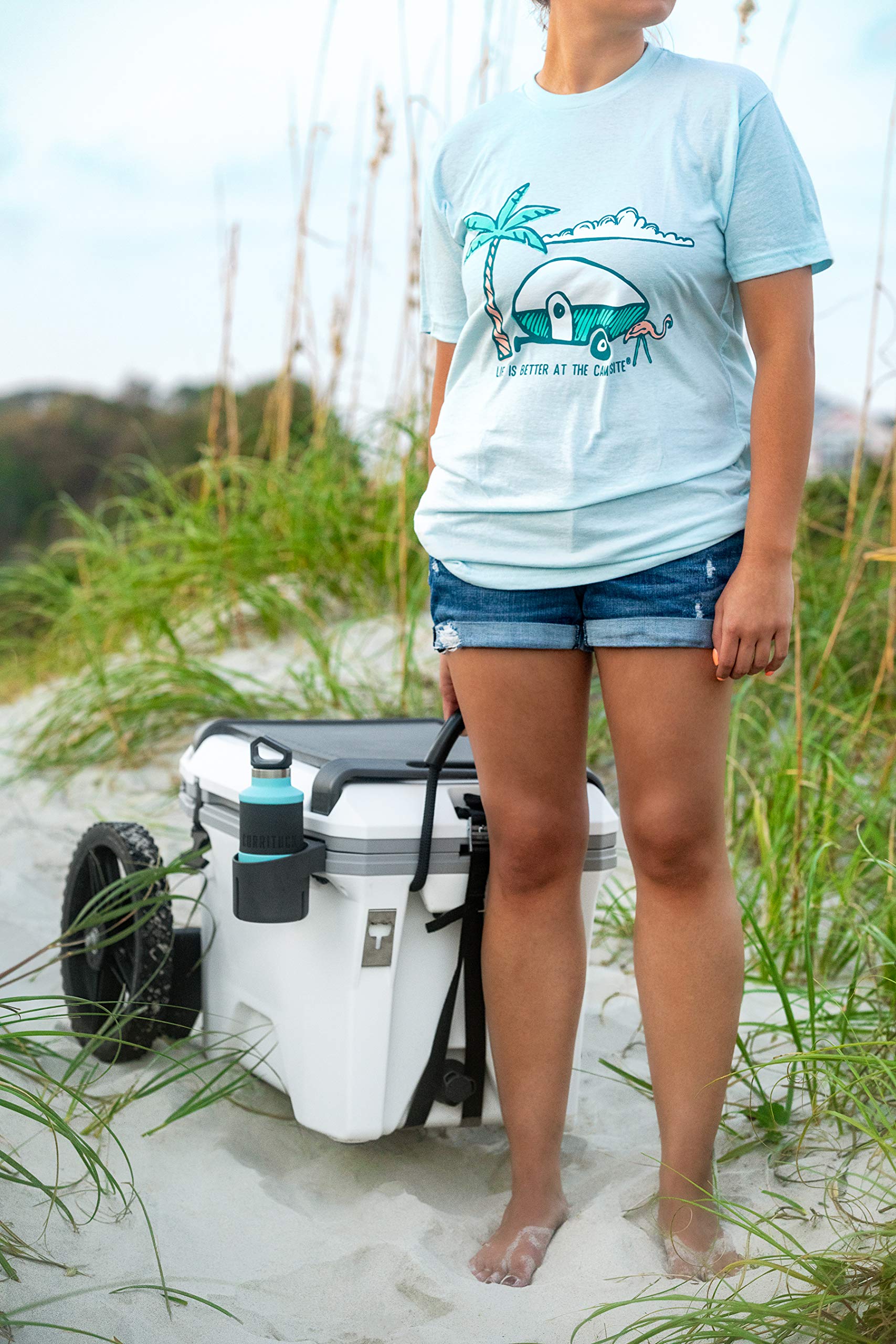 Camco Crew Neck Life is Better at The Campsite Short Sleeve T-Shirt | Features Soft Ring-Spun Cotton Fabric, Palm Tree and RV Design on Ice Blue, and is Machine Washable | Small (53335)