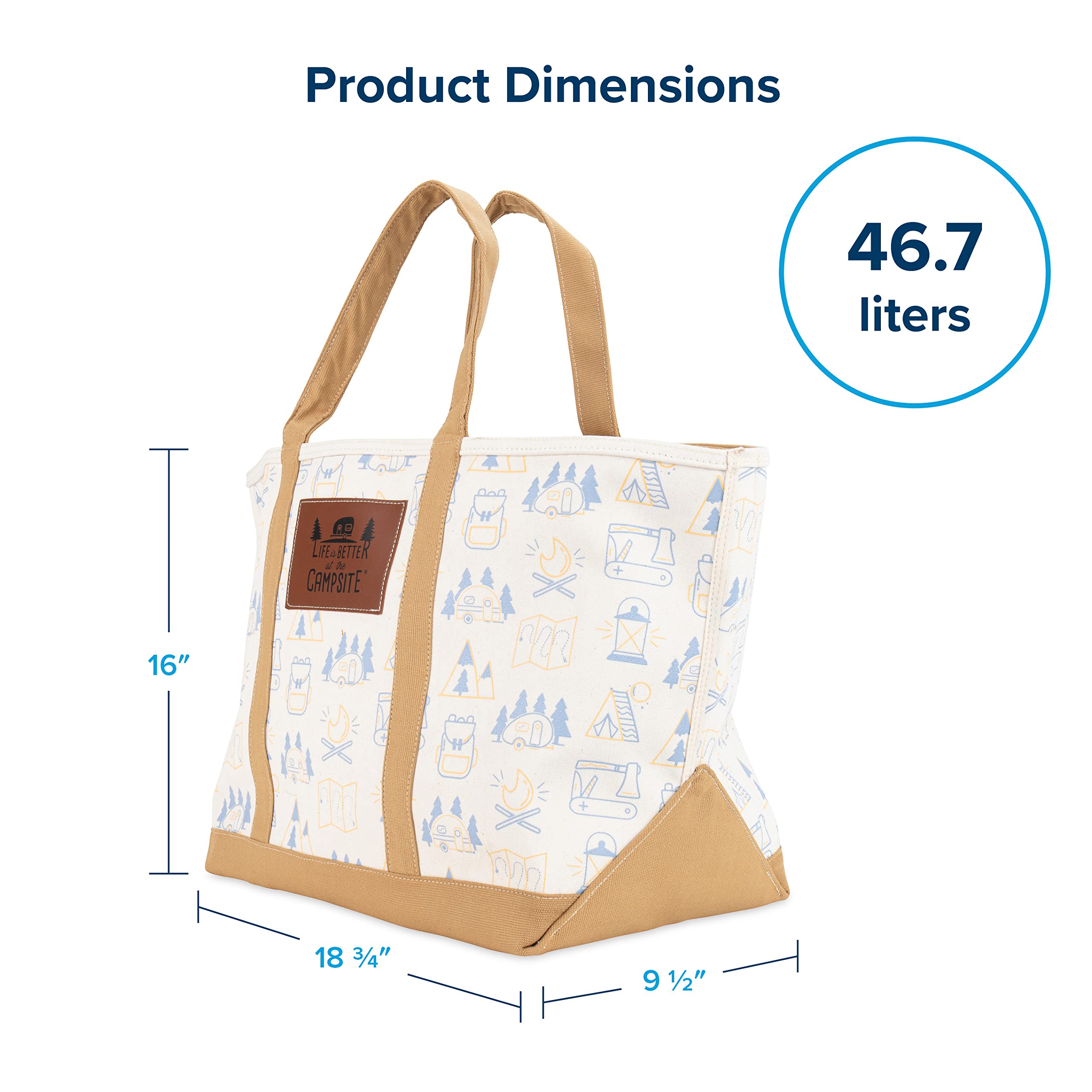 Camco Canvas Tote Bag Life is Better at the Campsite | Features a Heavy-Duty Cotton Canvas Design with Reinforced Base, a Unique RV-Themed Adventure Print, and a Zippered Top Closure | X-Large (53128)