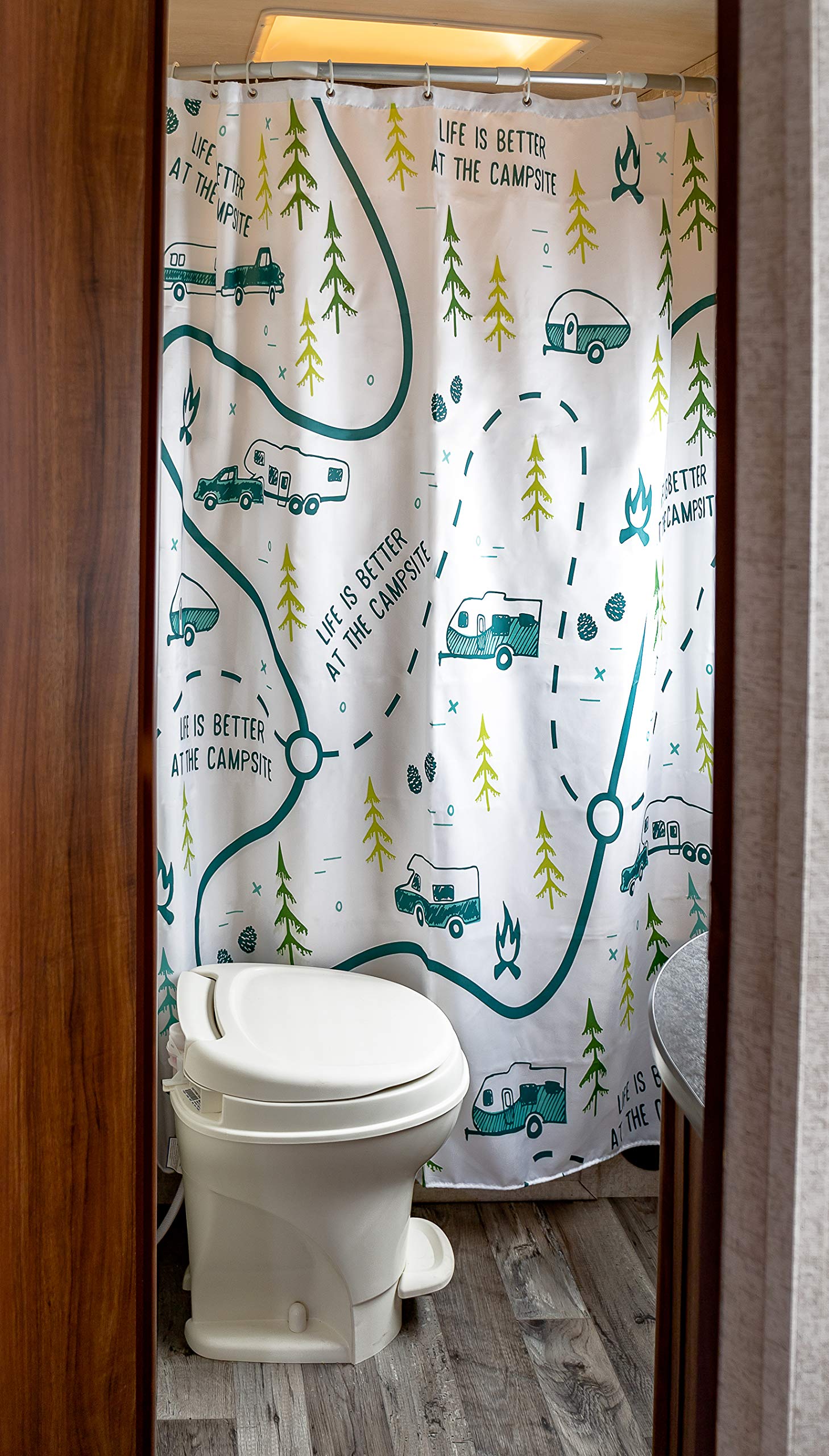 Camco RV-Sized Shower Curtain, Life is Better at The Campsite Features Map Design - Sized to Fit Most RV Showers - Includes (12) Plastic Rings (53245)
