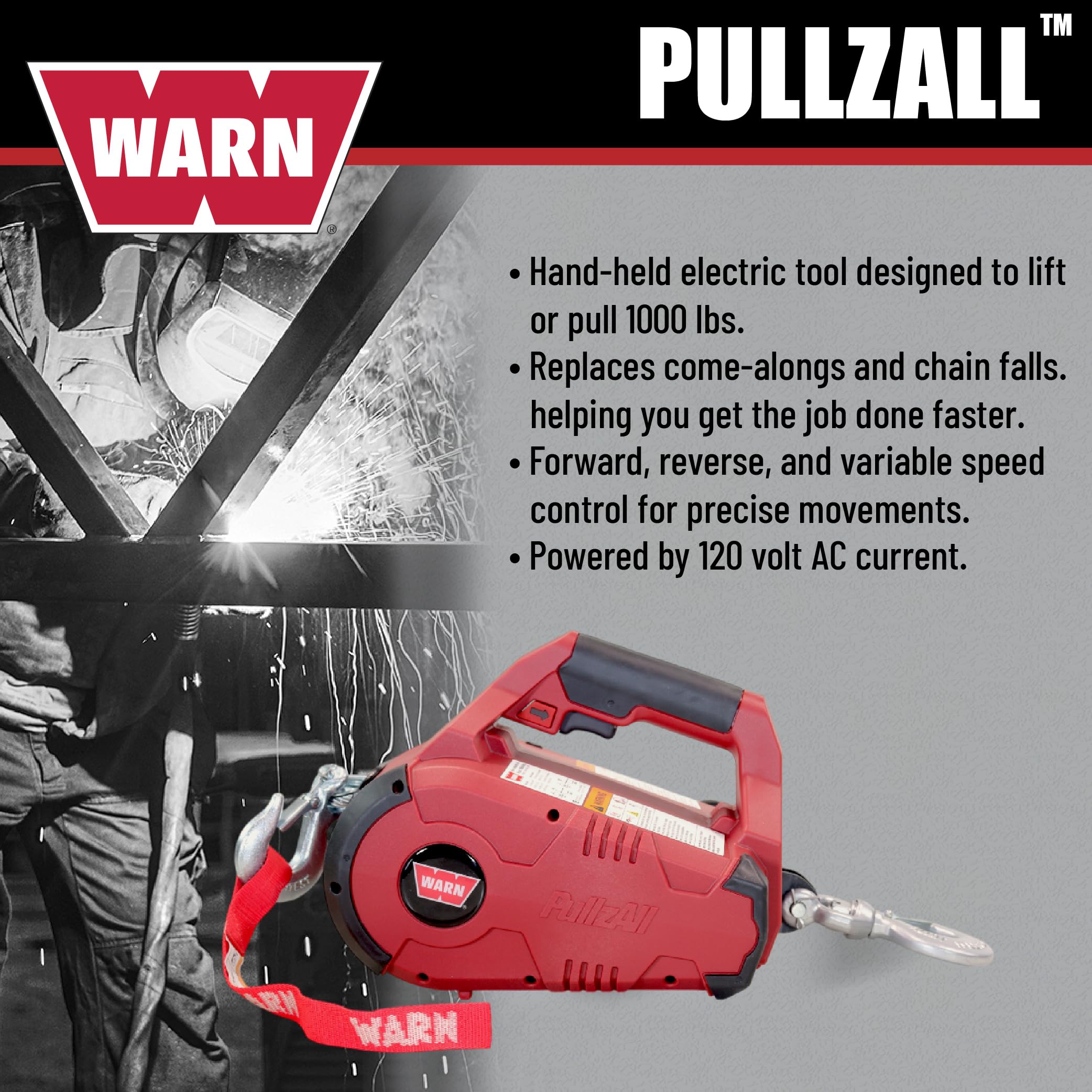 PullzAll WARN 885001 Corded 120V AC Portable Electric Winch with Steel Cable and Swiveling Anchor Hook for Hoisting an Engine Block: 1,000 lb (1/2 Ton) Pulling Capacity, Variable Speed Control.