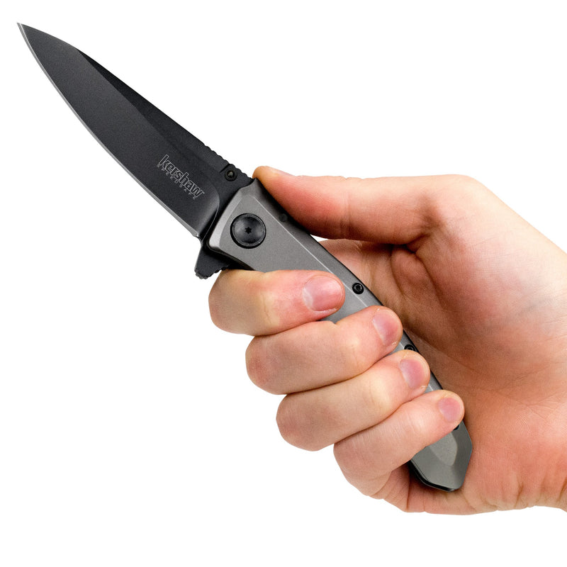 Kershaw Pocketknife Grid, 3.7" 8Cr13MoV Steel Drop Point Plain Edge Blade, Assisted One-Handed Flipper or Thumb Stud Opening, Frame Lock EDC,Grey/Black