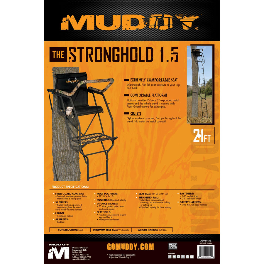 The Stronghold 1.5 MUDDY Deer Hunting Ladderstand, 21 Foot 1 Person Climbing Tree Stand with Lumbar Seat and Expanded D-Force Metal Platform
