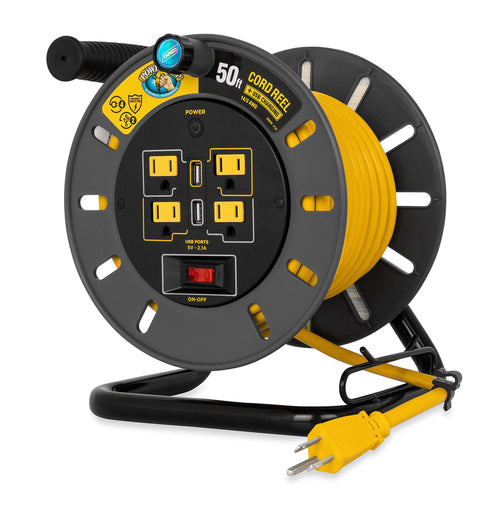 50-Ft Camco 13 Amp RV Extension Cord Reel - Rated for 125V / 1,625W - Features 4 125V Electrical Outlets & 2 USB Ports - Includes On/Off Switch & Built-in Circuit Breaker (55291)