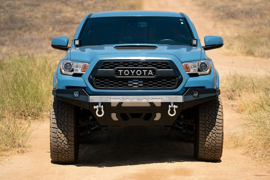 MTO Series DV8 Offroad Front Bumper for 2016 - Current Tacoma | Low Profile | Auxiliary Light and D-ring Mounts | Paintable Mesh Panels | 3pc Steel Construction | FBTT1-04