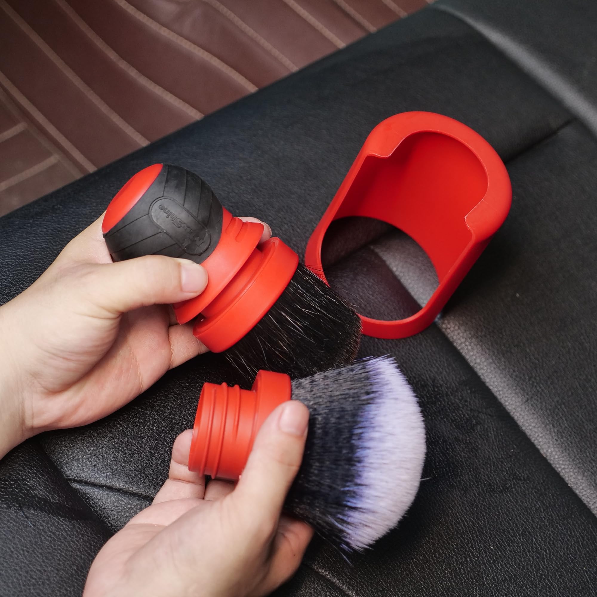 Maxshine Ultra-Soft Red & Gray Combo Large Bristle Brush with Storage Rack | Curved Grip Interior Detailing Brush for Dashboard, Displays & Air Vents | Premium Car Cleaning Accessory