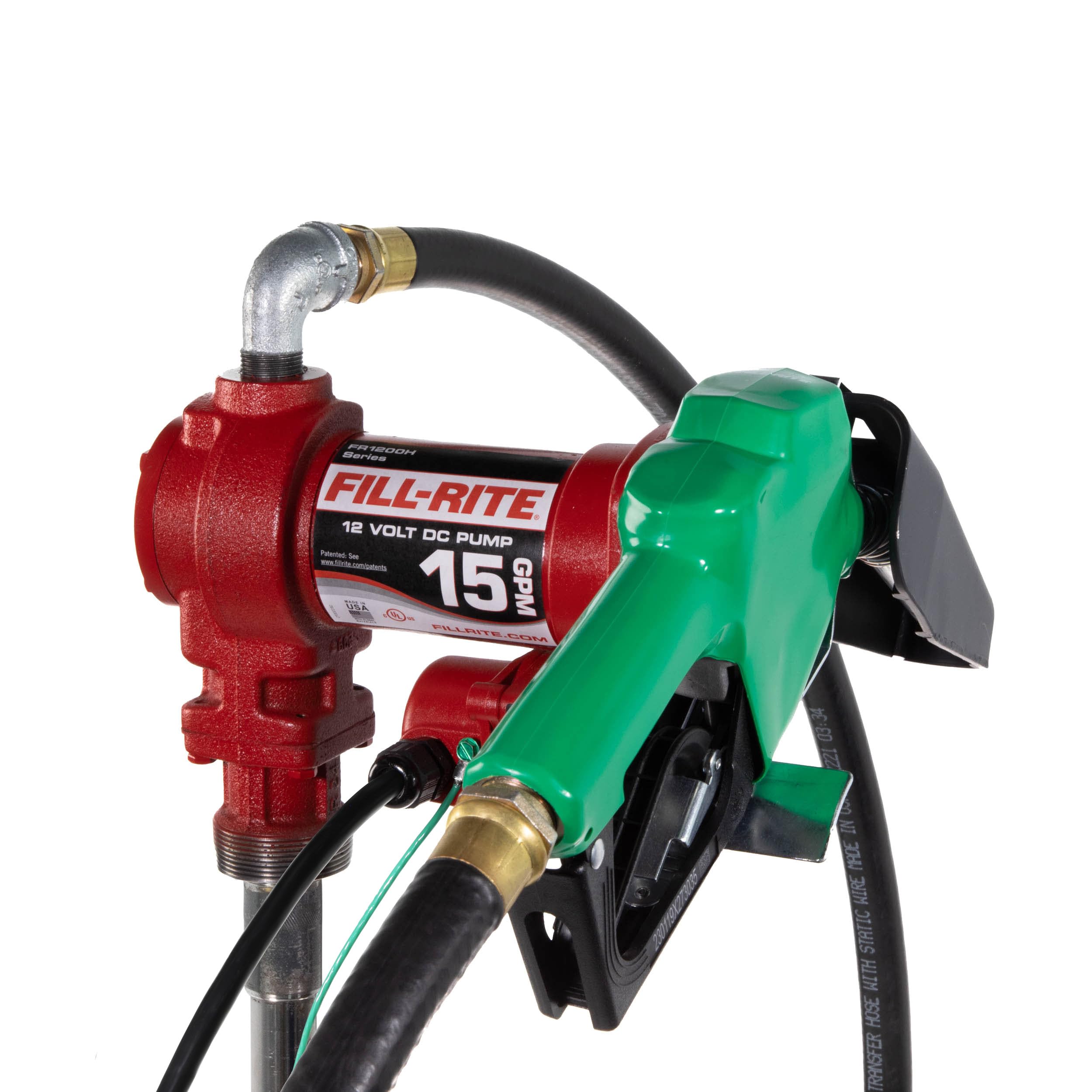 Fill-Rite 12V FR1210HA1 15 GPM Fuel Transfer Pump with Discharge Hose & Automatic Nozzle, Green - Gasoline, Diesel, Kerosene, Ethanol & Methanol Blends & Biodiesel