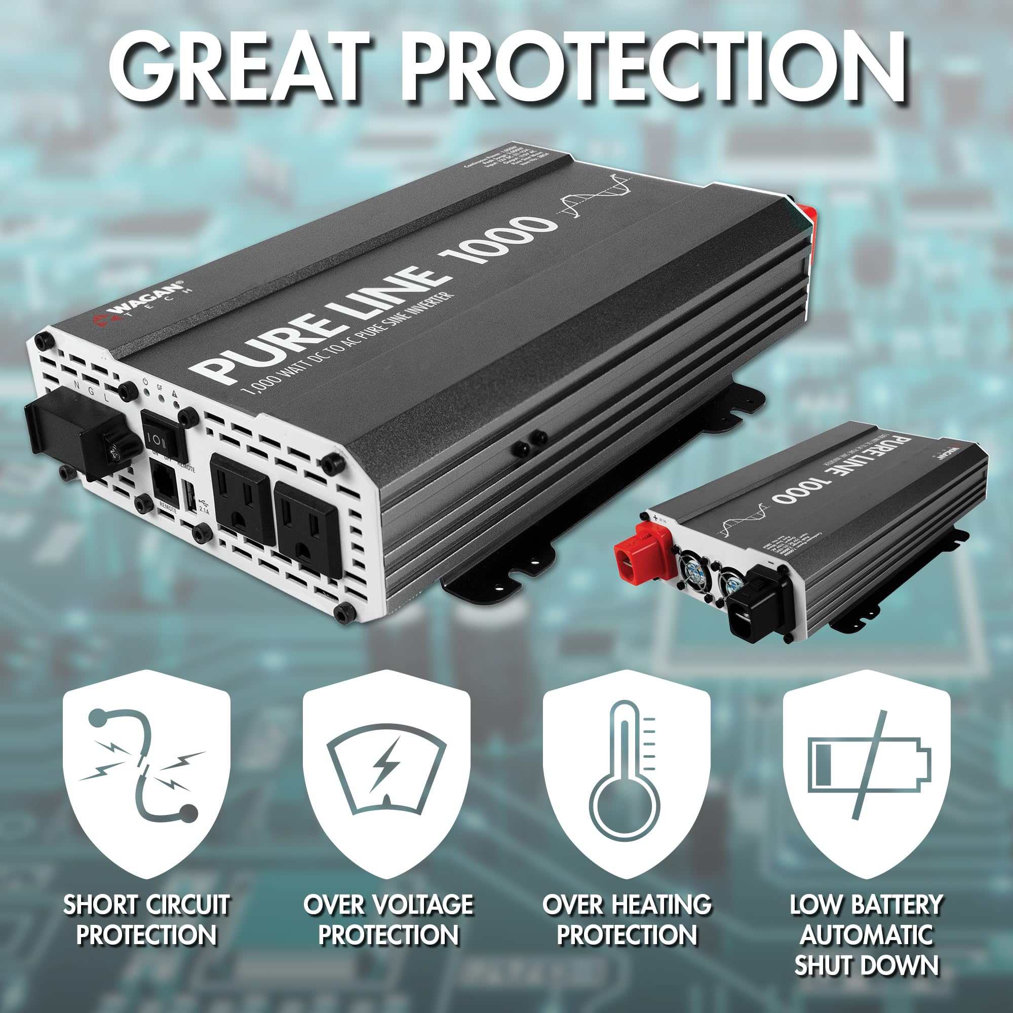 Wagan EL3804 Pure Sine Wave Inverter 1000 Watt DC 12V to 110V AC Car Power Inverter for Home RV Camping Van Life Off Grid ETL Certified