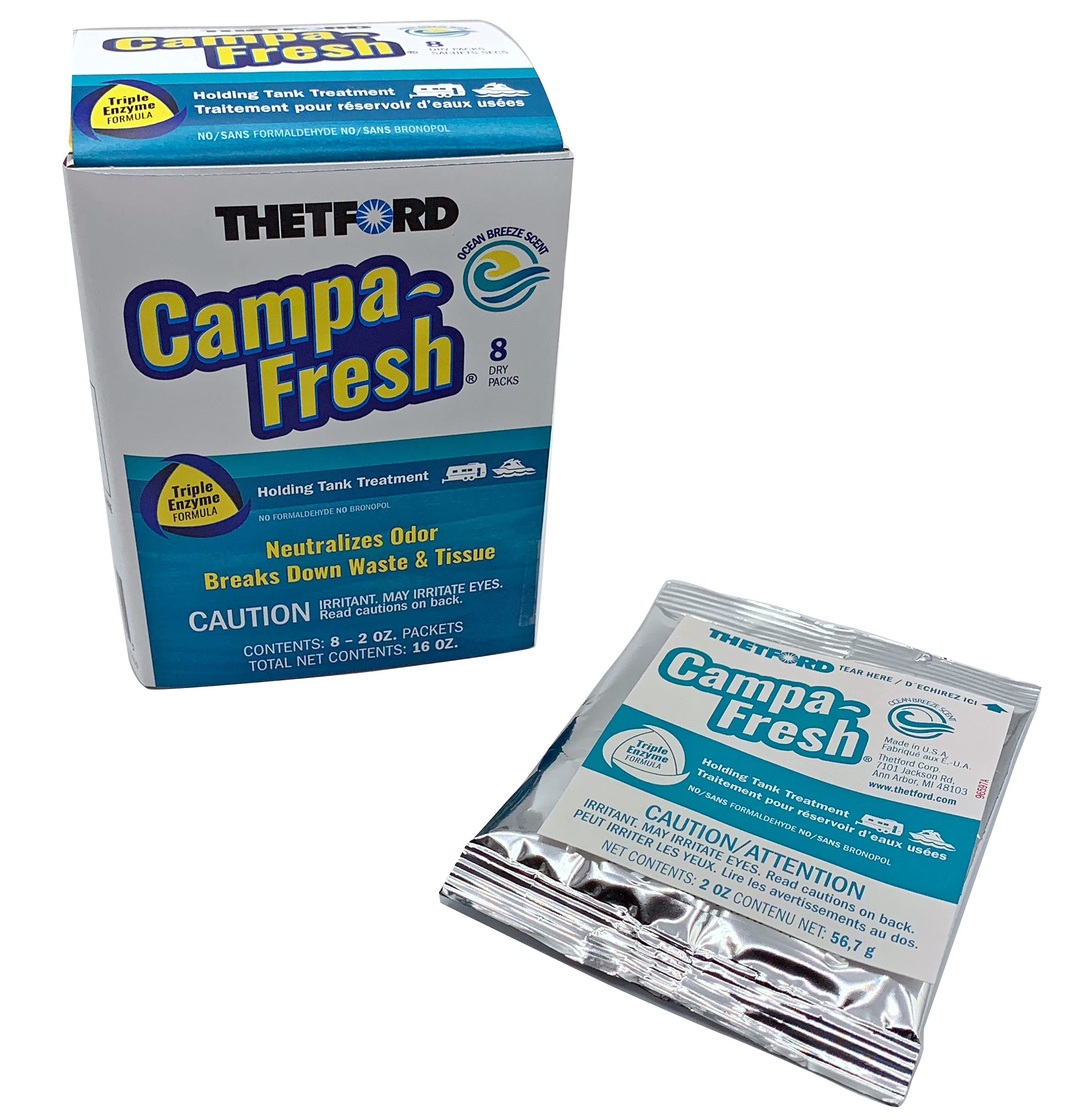 Thetford Campa-Fresh RV Holding Tank Treatment, Ocean Breeze Scent, Formaldehyde Free, Waste Digester, Septic Tank Safe, 8 Pack Dripack (96702)