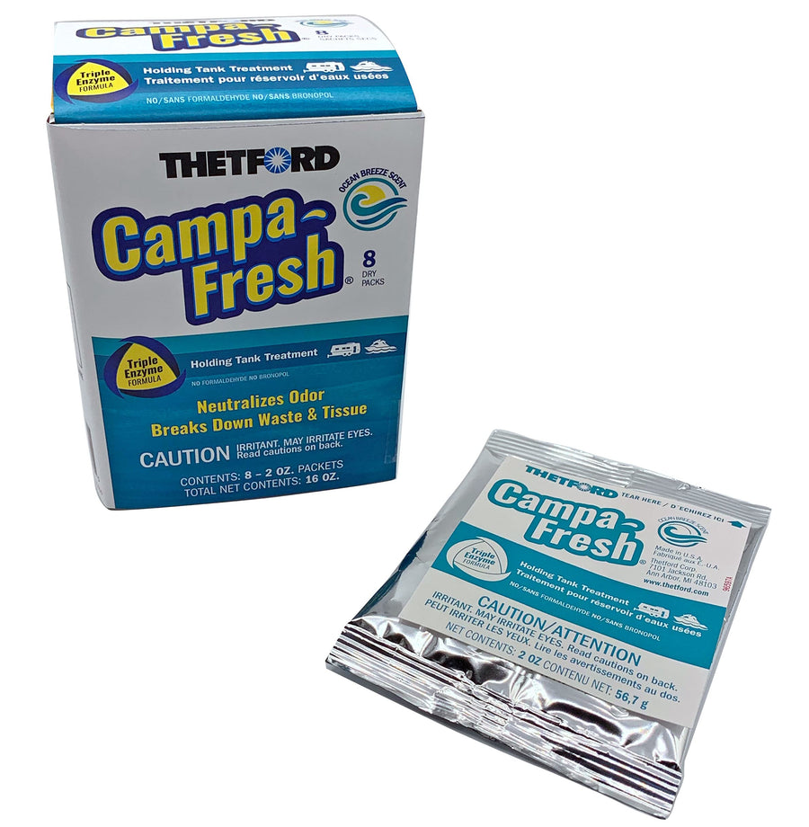 Thetford Campa-Fresh RV Holding Tank Treatment, Ocean Breeze Scent, Formaldehyde Free, Waste Digester, Septic Tank Safe, 8 Pack Dripack (96702)