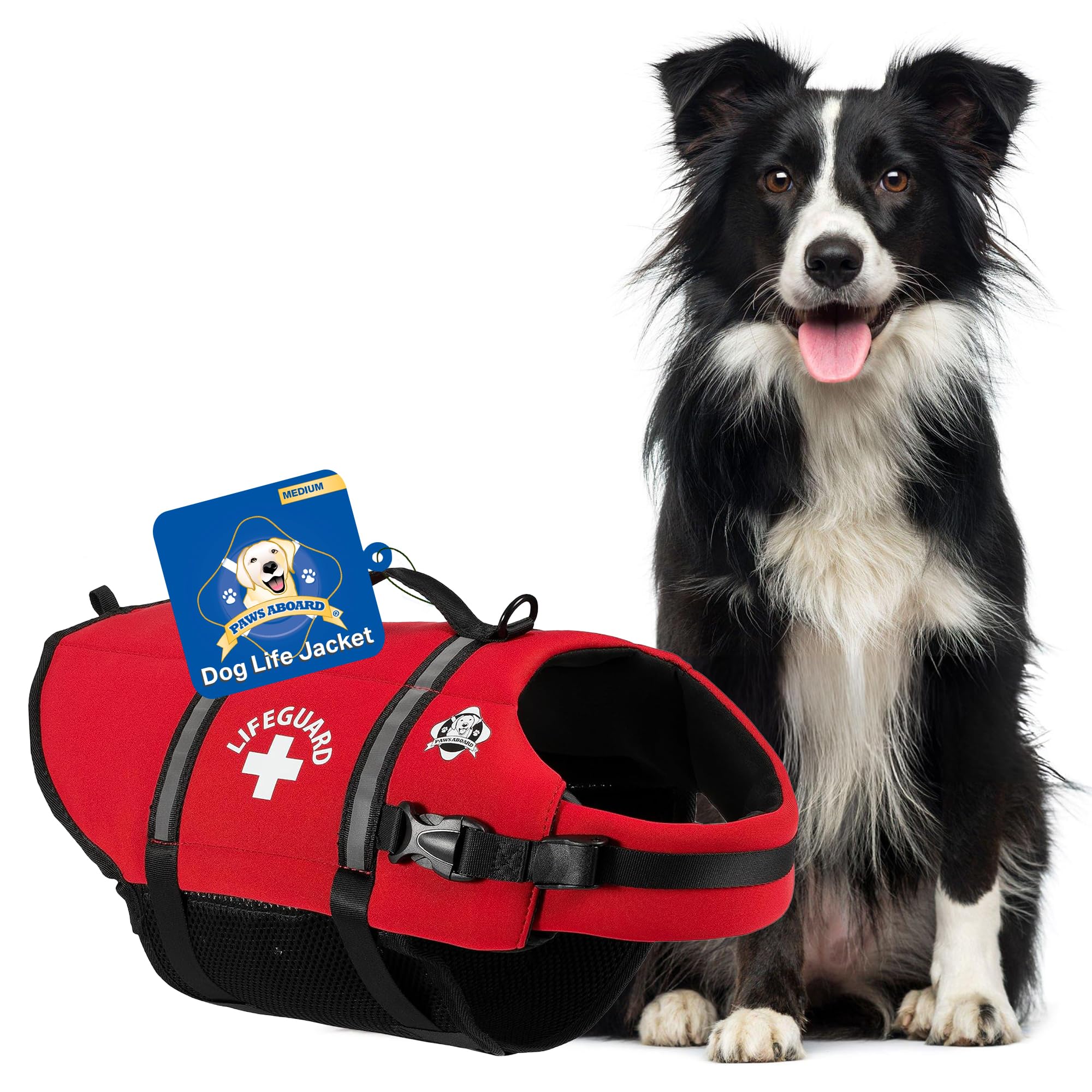 Dog Life Jacket Paws Aboard - Swimming Vest for Dogs, Adjustable, Reflective, Comfortable, Multiple Colors, Patterns, XX-Small to Extra Large Dog Swim Vest with Handle (Red, Medium)