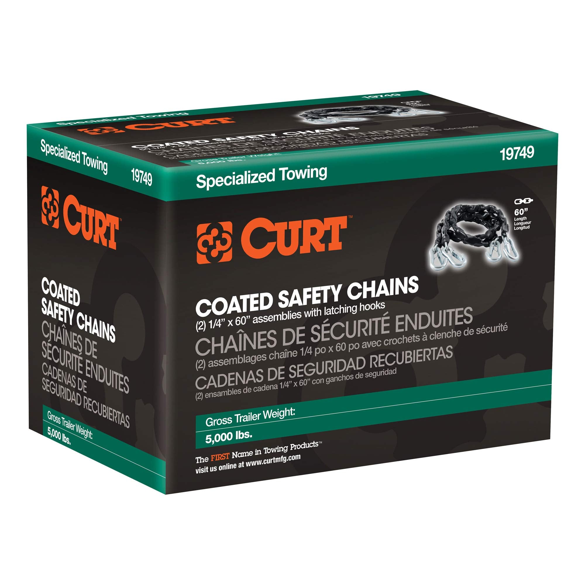 CURT 19749 60-Inch Trailer Safety Chains Vinyl-Coated with 7/16-In Snap Hooks, 5,000 lbs Break Strength, 2-Pack