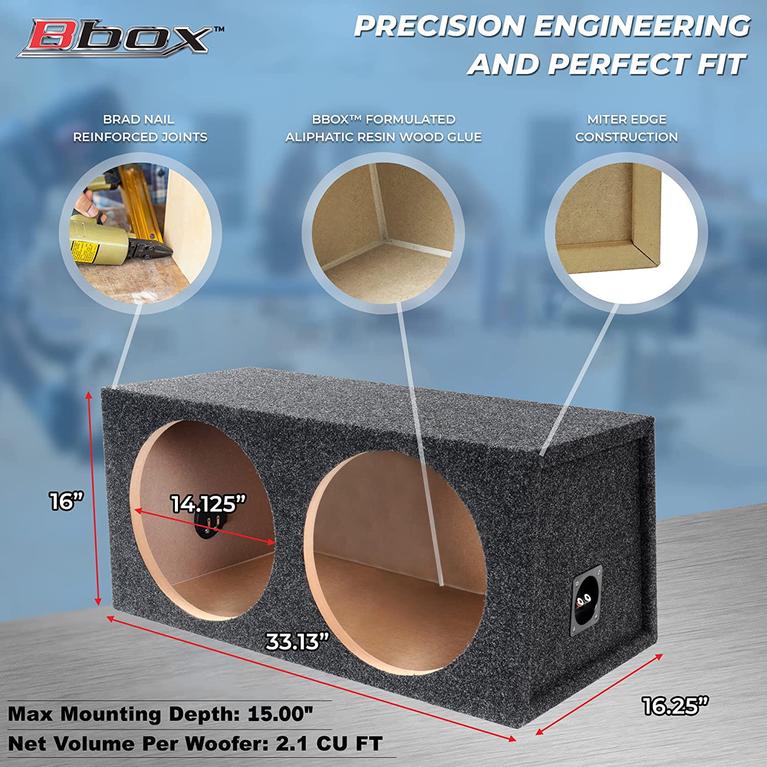Atrend Dual Sealed 15" Subwoofer Enclosure Bbox - Pro Audio Tuned Dual Sealed Car Subwoofer Boxes & Enclosures - Premium Subwoofer Box Improves Audio Quality, Sound & Bass - Nickel Finish Terminals