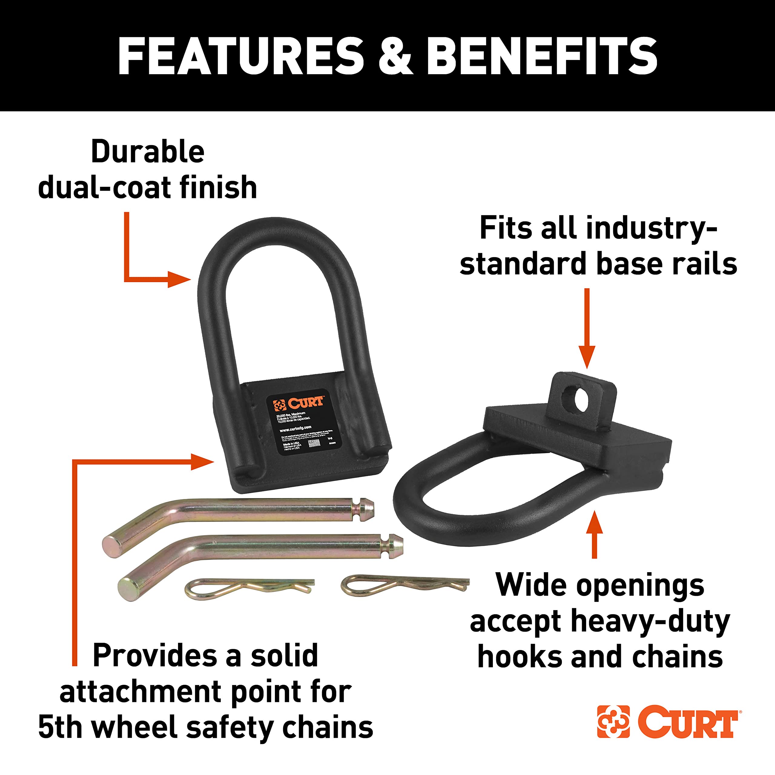 CURT 5th Wheel Hitch Safety Chain Anchors 16000, Fits Industry-Standard Rails