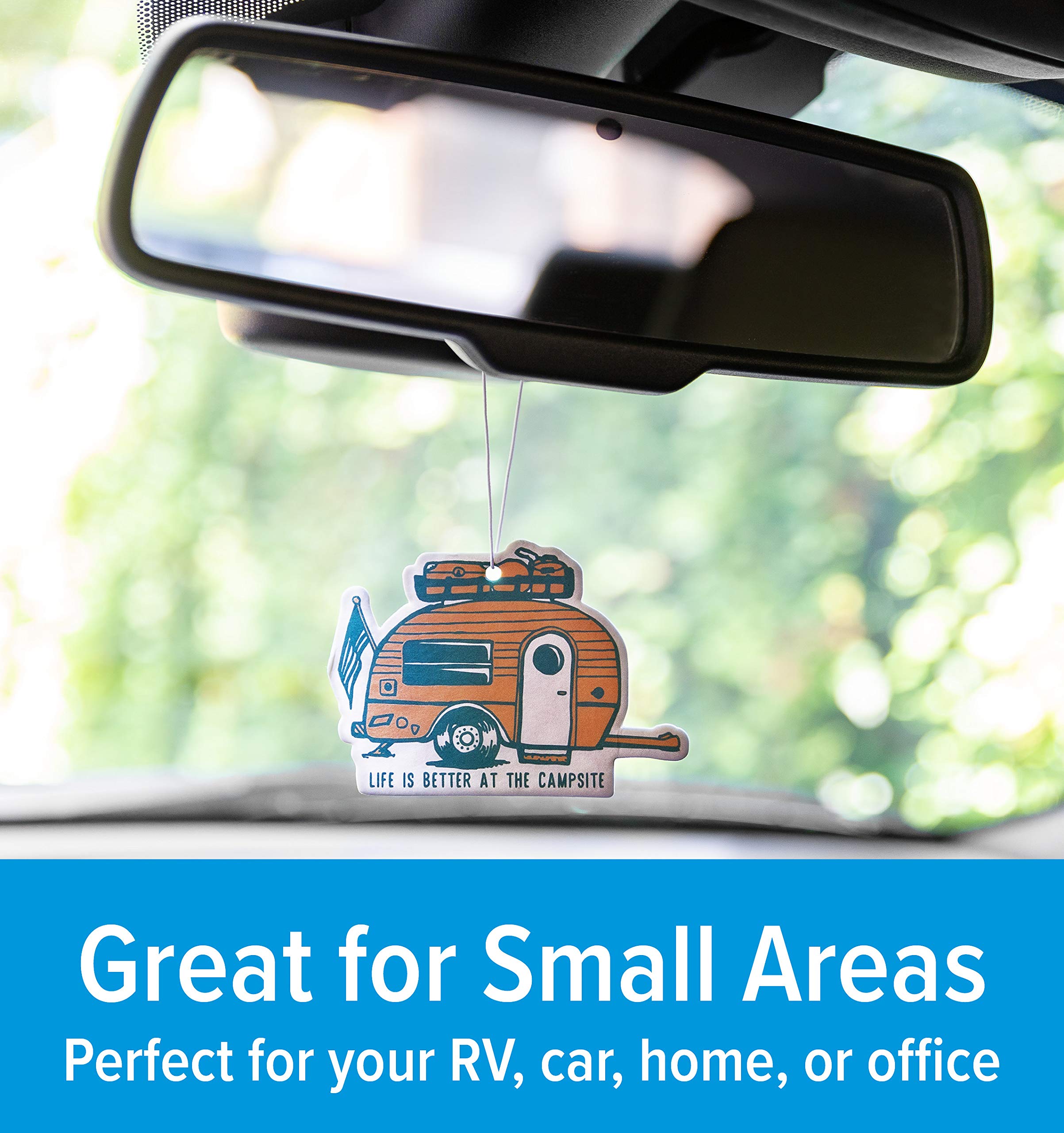 Camco Air Freshener Life is Better at The Campsite - Features Along the Shore Fragrance & Elastic Cord - Use in the Car or RV & Camper - Features Retro RV Design (53363)