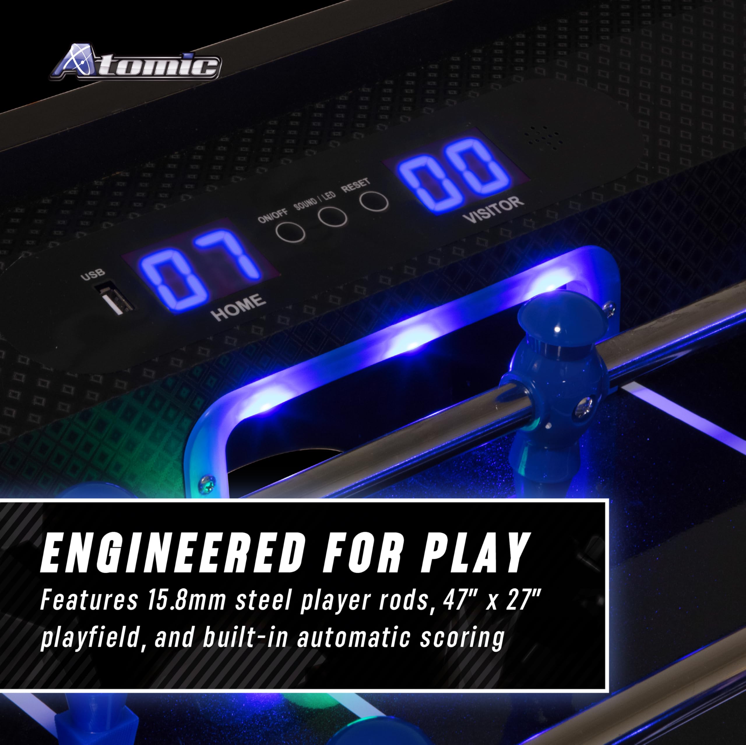 Azure Atomic LED Foosball Table – Light Up Arcade-Style Game with Interactive Inrail LED Lighting, Cascading Effects, Music, Electronic Scoring, 47” x 27” Durable Playfield