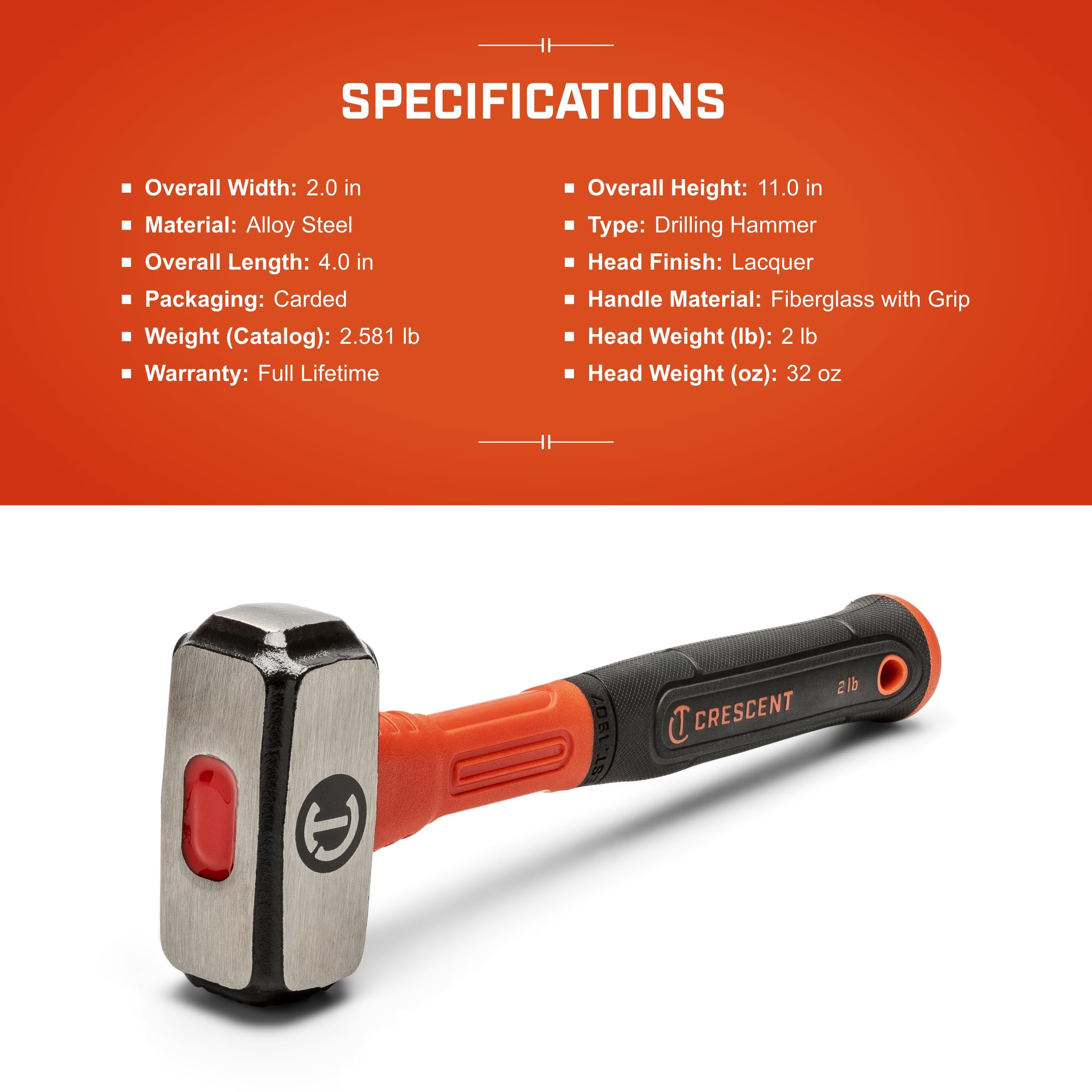 Fiberglass Crescent Drilling Hammer - Heavy Duty Construction Hand Tool for Home Improvement & Repair - 2 Lb - CHFDRL32