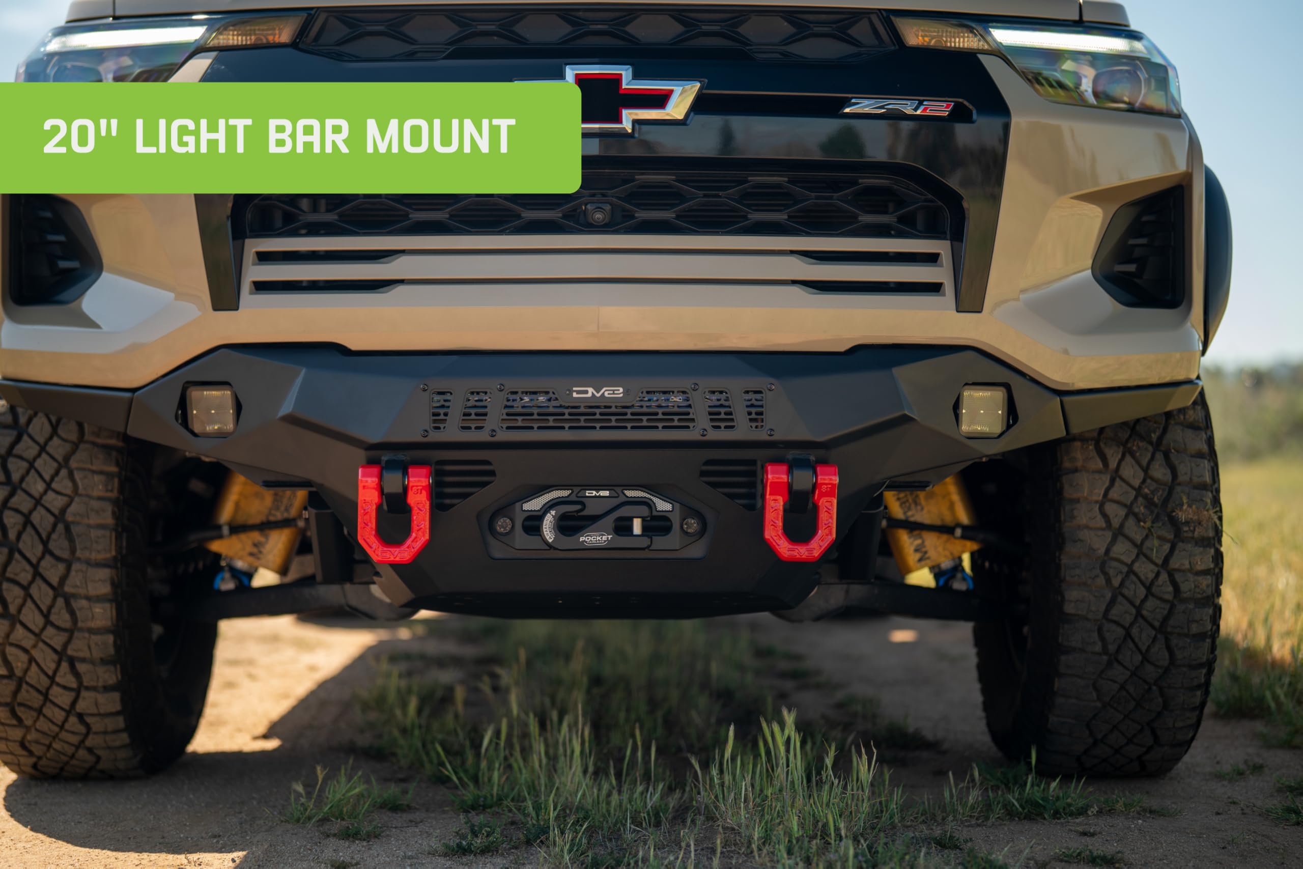 Offroad DV8 Spec Series Front Bumper for 2023-2025 Chevy Colorado ZR2 | High-Clearance Design | 20" Light Bar Mount Behind Mesh Panel | Heavy-Duty Winch Mount | Low-Profile Wings | Full Skid Plate