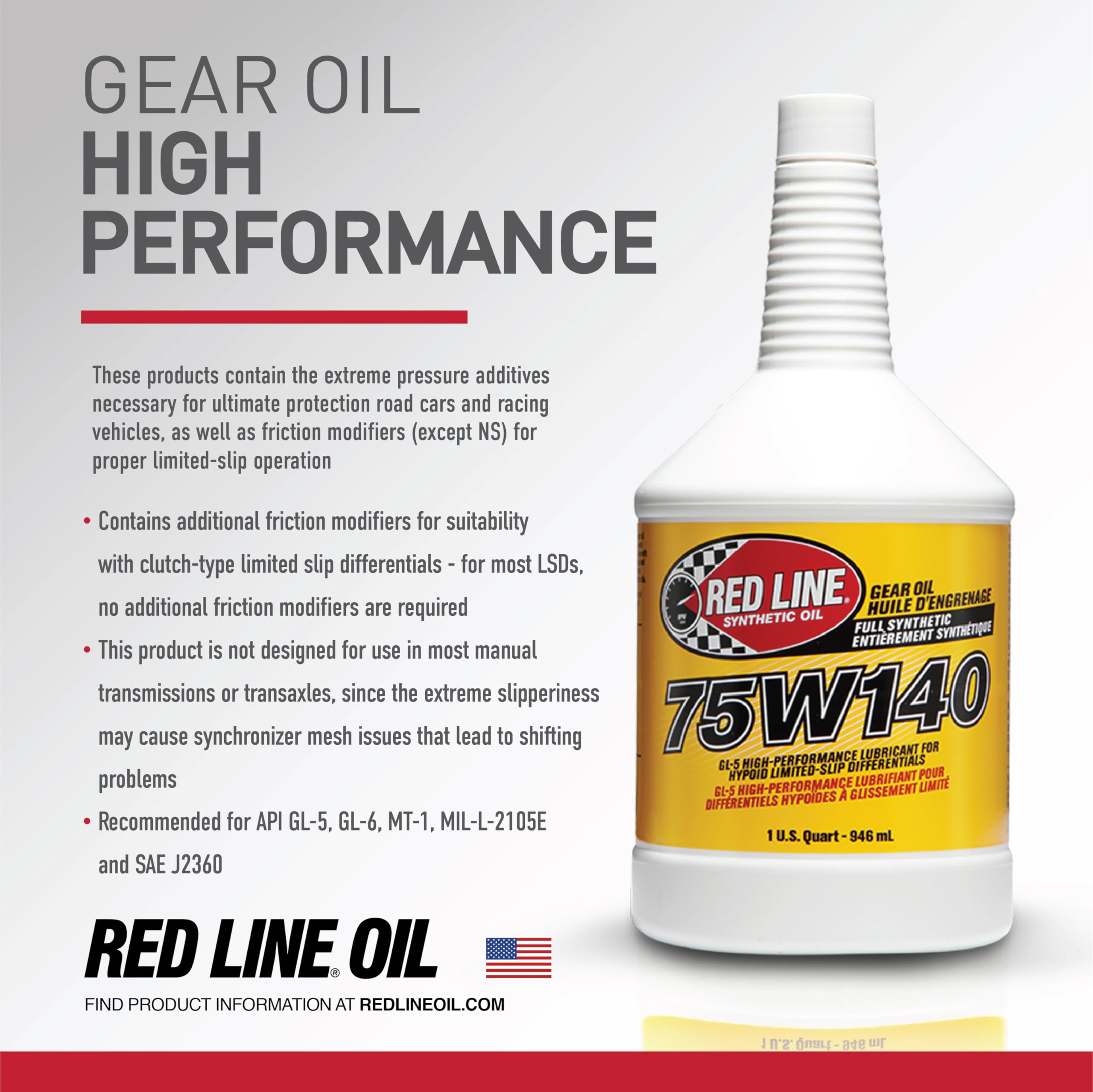 75W140 Red Line 57914 GL-5 Synthetic Gear Oil for Hypoid Limited Slip Differentials - 1 Quart