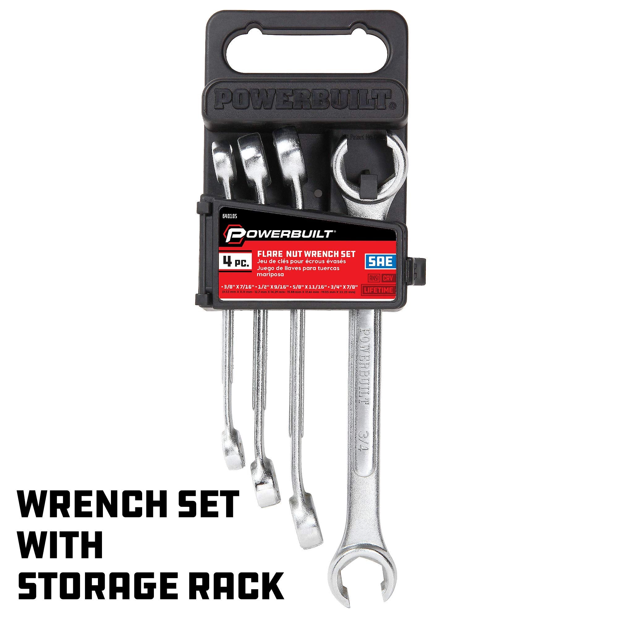 4 Piece Powerbuilt SAE Flare Nut Wrench Set, Size Includes 3/8" x 7/16", 1/2" x 9/16", 5/8" x 11/16", 3/4" x 7/8" Flare Nut Wrench, Chrome-Vanadium made - 640185