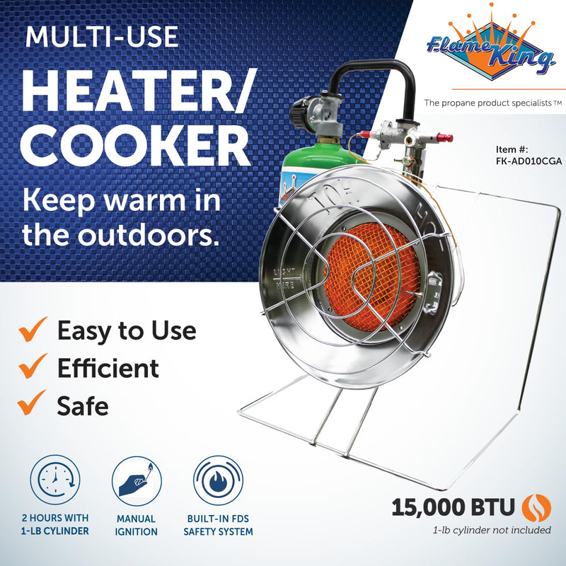 Flame King Multi-Use FK-AD010CGA Portable Propane Heater/Cooker 15,000 BTU for Camping, Ice Fishing, and Backpacking Trips, Silver