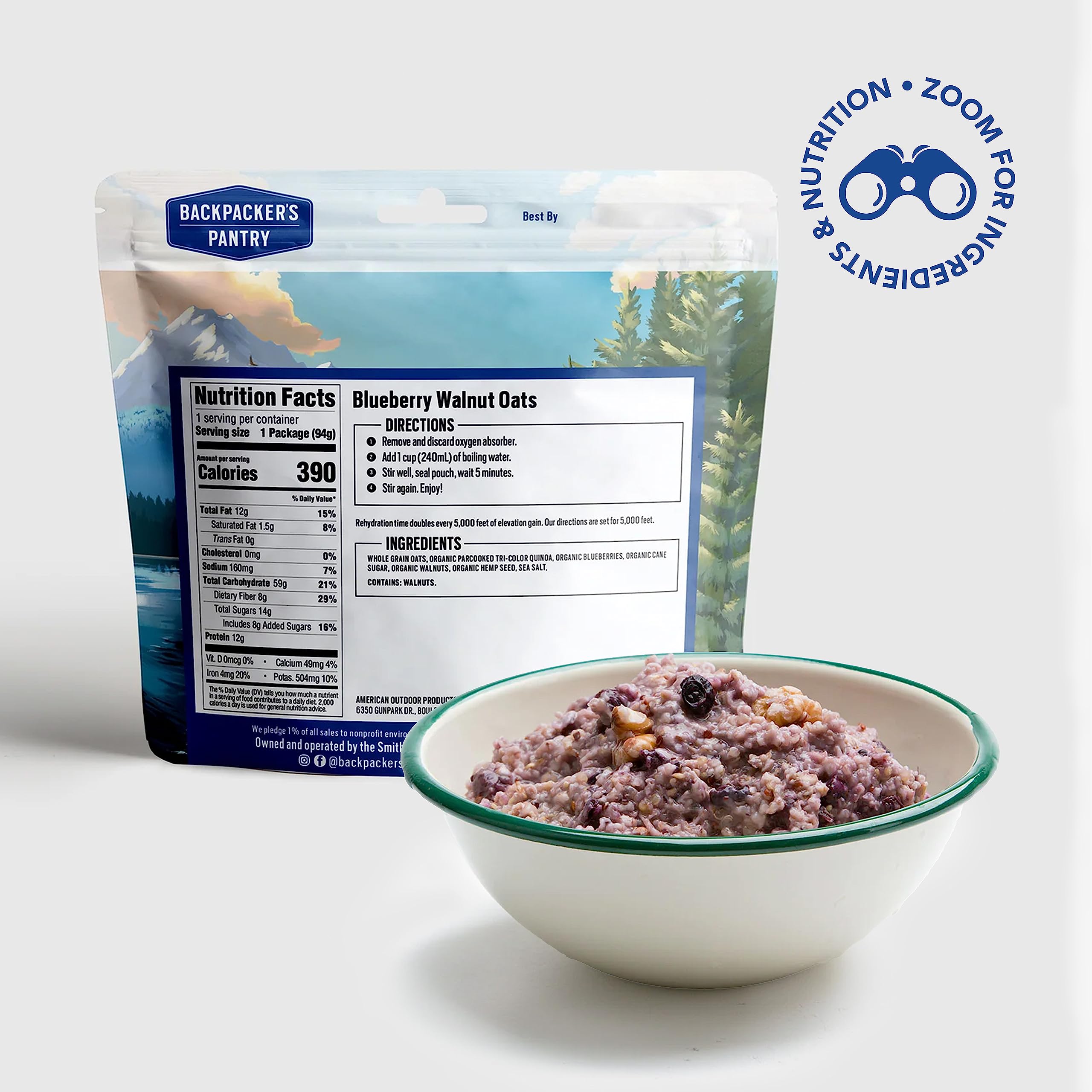 Backpacker's Pantry Organic Walnut Hot Blueberry Oat & Quinoa, 1 Serving Per Pouch (6 Count), Freeze Dried Food, 10 Grams of Protein, Vegan, Dairy Free