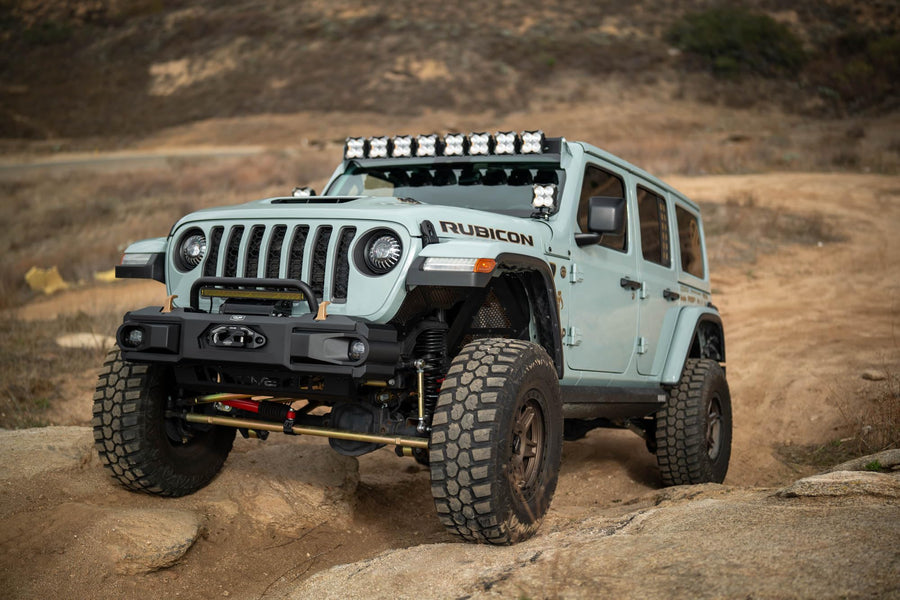 DV8 Offroad Front Bumper OE Plus for 2018-2025 Jeep Wrangler JL & 2020-2025 Gladiator JT | Retains OEM Styling | Recessed Winch Mount | (2) Fog Light or Pod Light Mounts | Removable Wings | Bull Bar