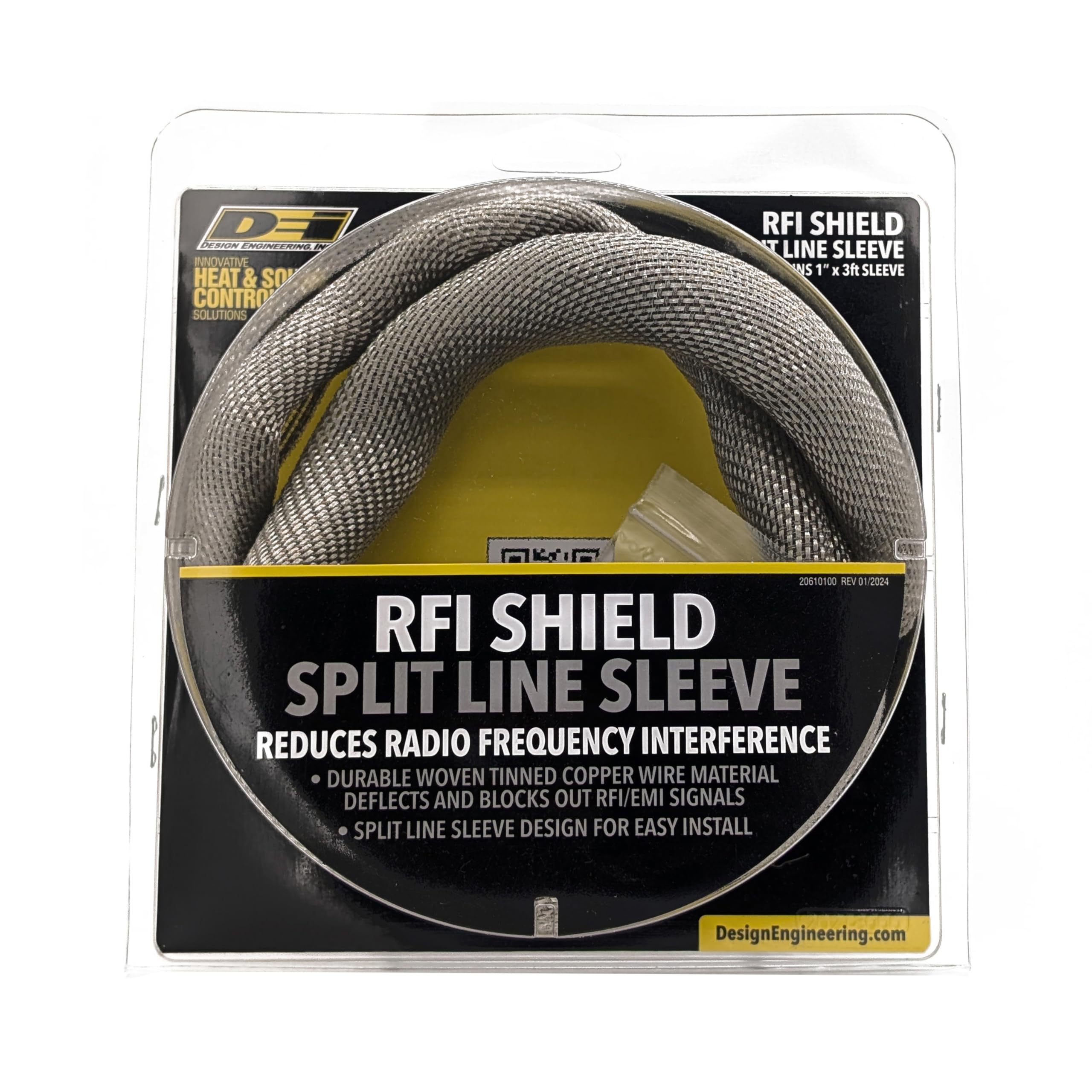 RFI Shield Split Sleeve DESIGN ENGINEERING 1" x 36' Tinned Copper Wire Shielding Sleeve Includes 17.5" Grounding Strap Flexible, Durable RFI/EMI Shielding