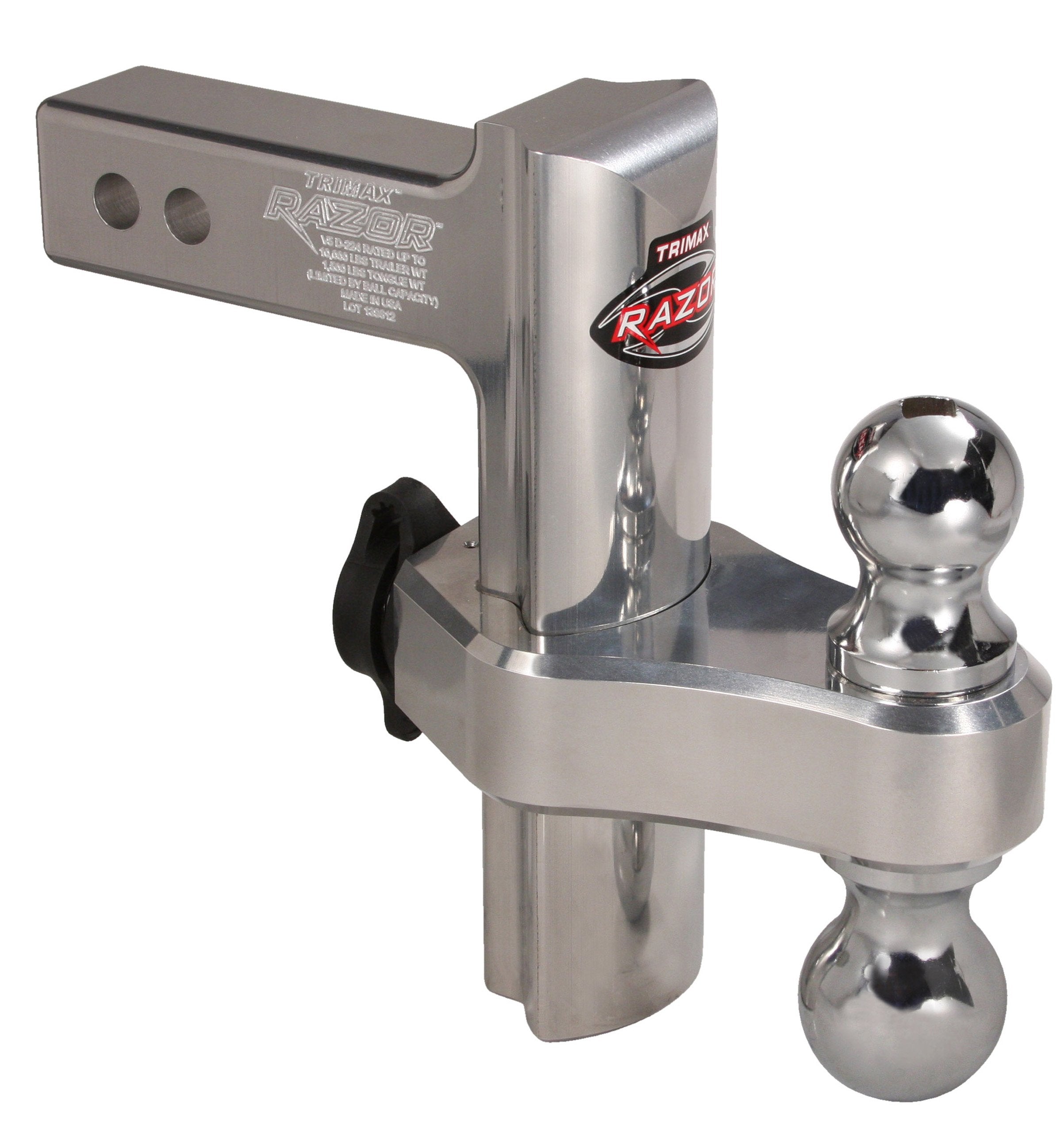8" Trimax TRZ8AL Premium Aluminum Adjustable Hitch with Dual Hitch Ball and T5 Receiver Lock, Polished Aluminum