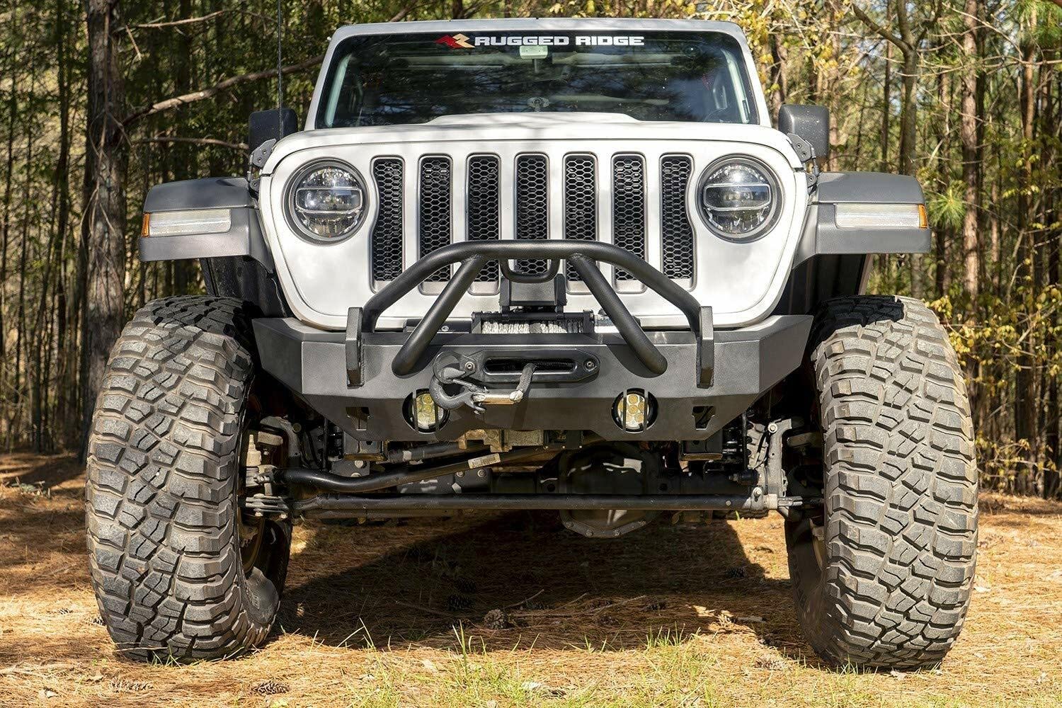 Front Rugged Ridge HD Bumper for Jeep Wrangler/Gladiator | Stubby, Steel, Black | 11540.32 | Fits 2018-2025 Jeep Wrangler JL; 2020-2025 Jeep Gladiator JT
