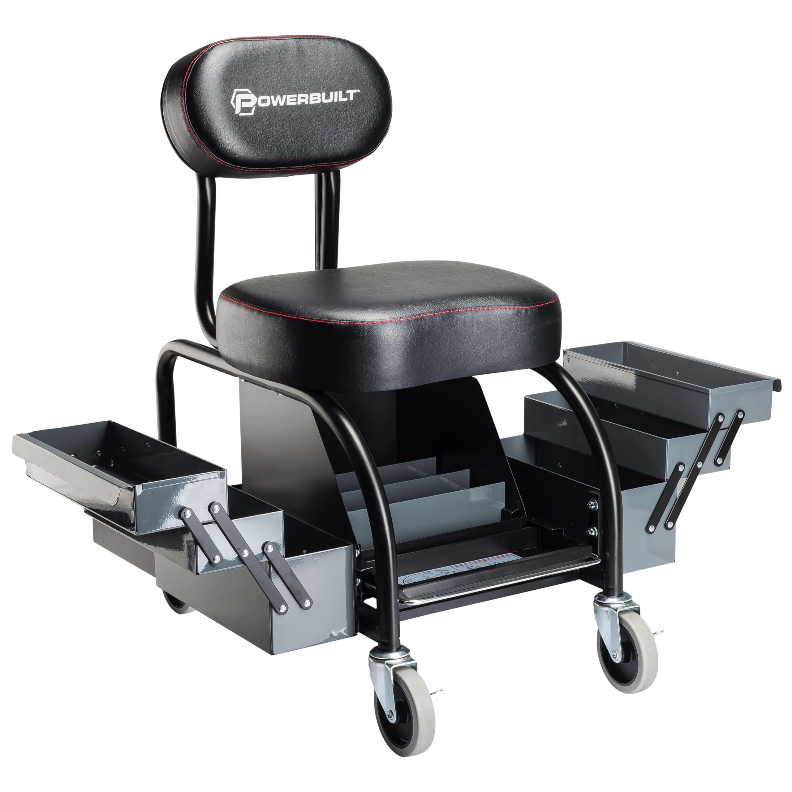 Powerbuilt Professional Roller Seat Mechanics, Heavy Duty Padded Detailer Seat and Backrest, Sliding Storage Drawers, Tool Tray, Can Holders, 4-Inch Swivel Wheels