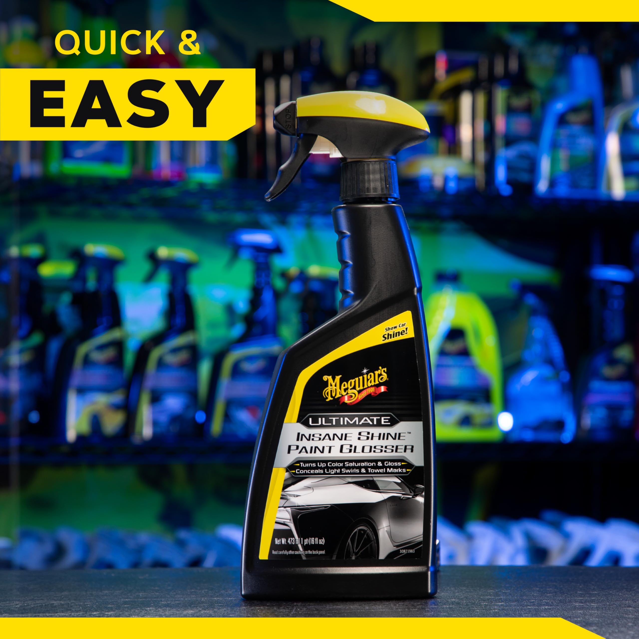 Meguiar's Ultimate Paint Glosser Insane Shine, Easy-to-Use Spray On and Wipe Off Product to Minimize Swirls and Enhance Glossy Paint Using Specialized Polymers, 16 Oz Spray Bottle