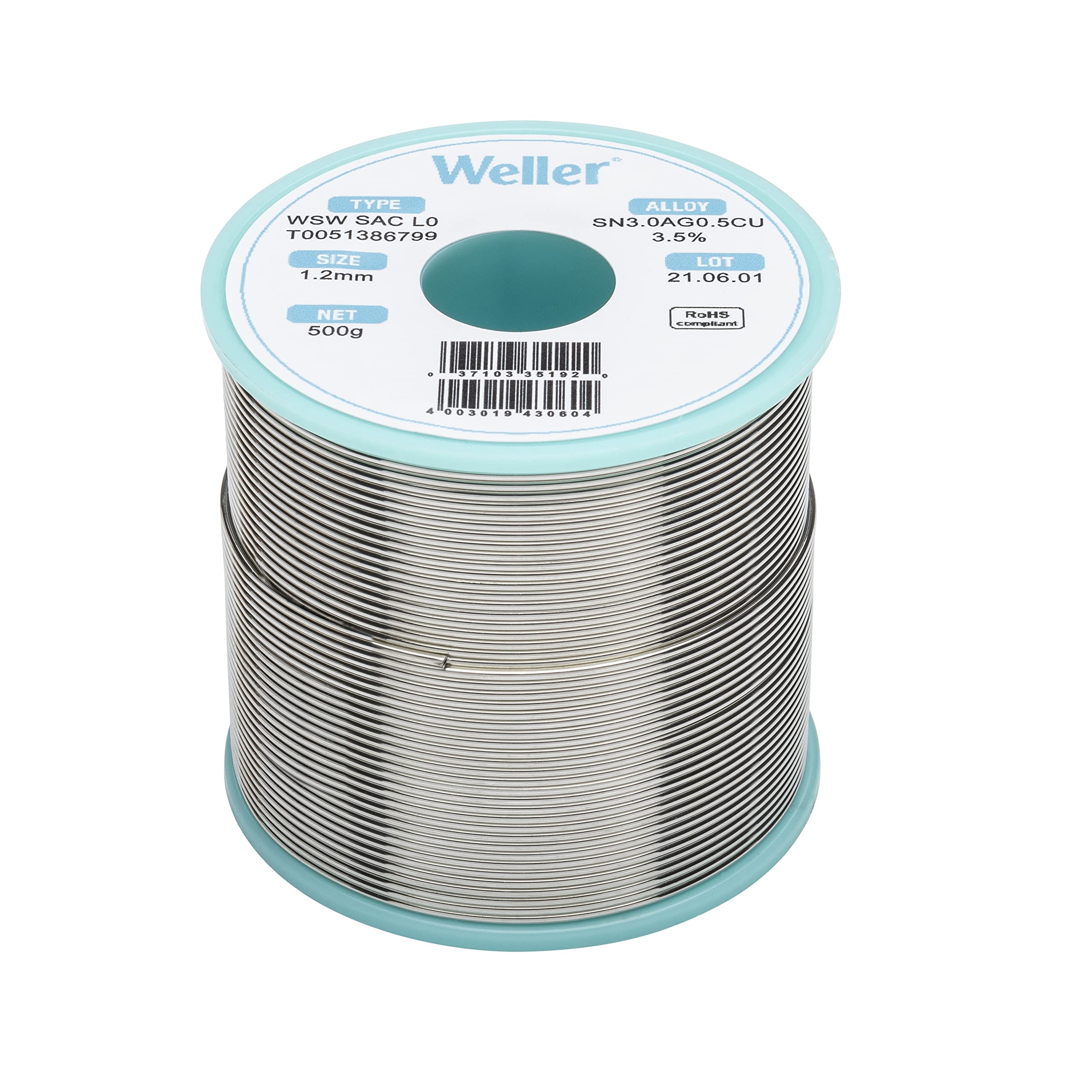 Weller Lead Free Solder Wire WSW SAC M1 (T0051386799), Dia: 1.2 mm / 0.047 in, Wt: 500 g / 17.637 oz, Alloy Sn96.5Ag3.0Cu0.5, Flux content 3.5%