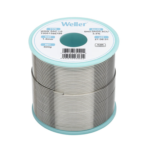 Weller Lead Free Solder Wire WSW SAC M1 (T0051386799), Dia: 1.2 mm / 0.047 in, Wt: 500 g / 17.637 oz, Alloy Sn96.5Ag3.0Cu0.5, Flux content 3.5%