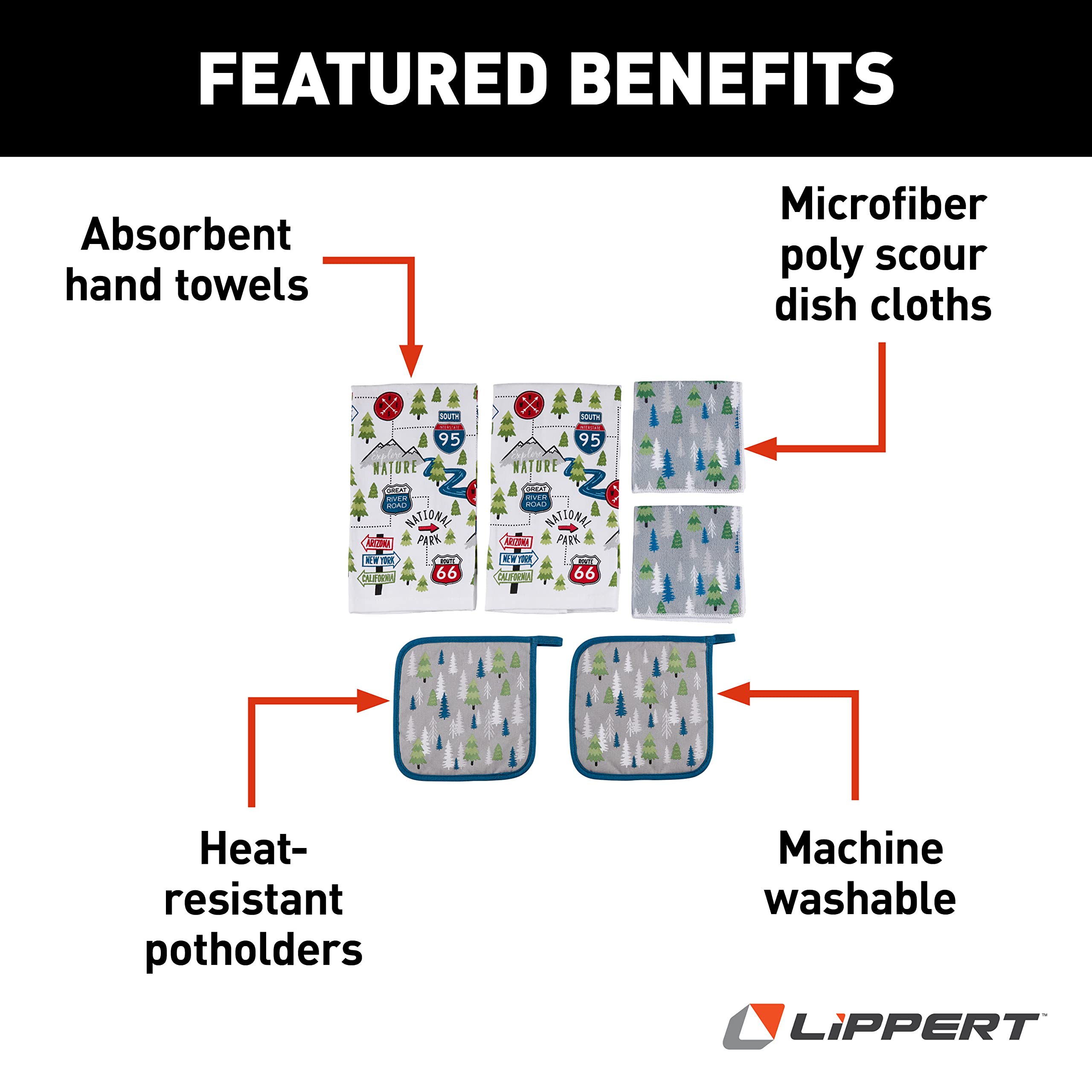 Lippert™ RV Kitchen Towel & Potholder Set, 6 Pieces, Unique Road Sign Design – Two Kitchen Towels, Two Dish Cloths and Two Potholders Rated up to 400°F – Machine Washable – 2022107828