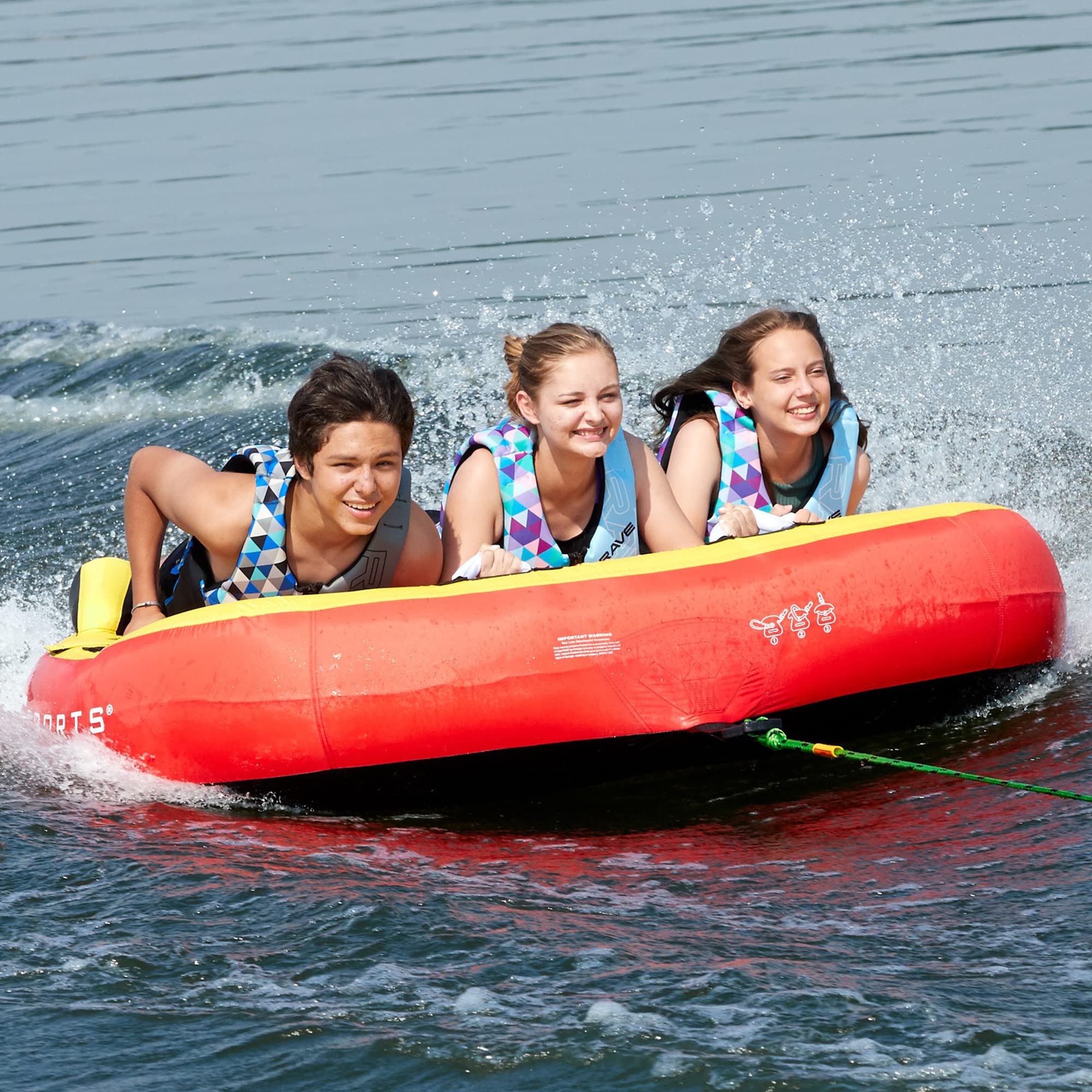RAVE Sports Inflatable Diablo III Towable Tube, 1-3 Riders, Leg Bumpers for Safety, Foam-Filled Reinforced Handles, Quick Connect Tow Point, Deep Water Boarding Strap, Boat-Tubes