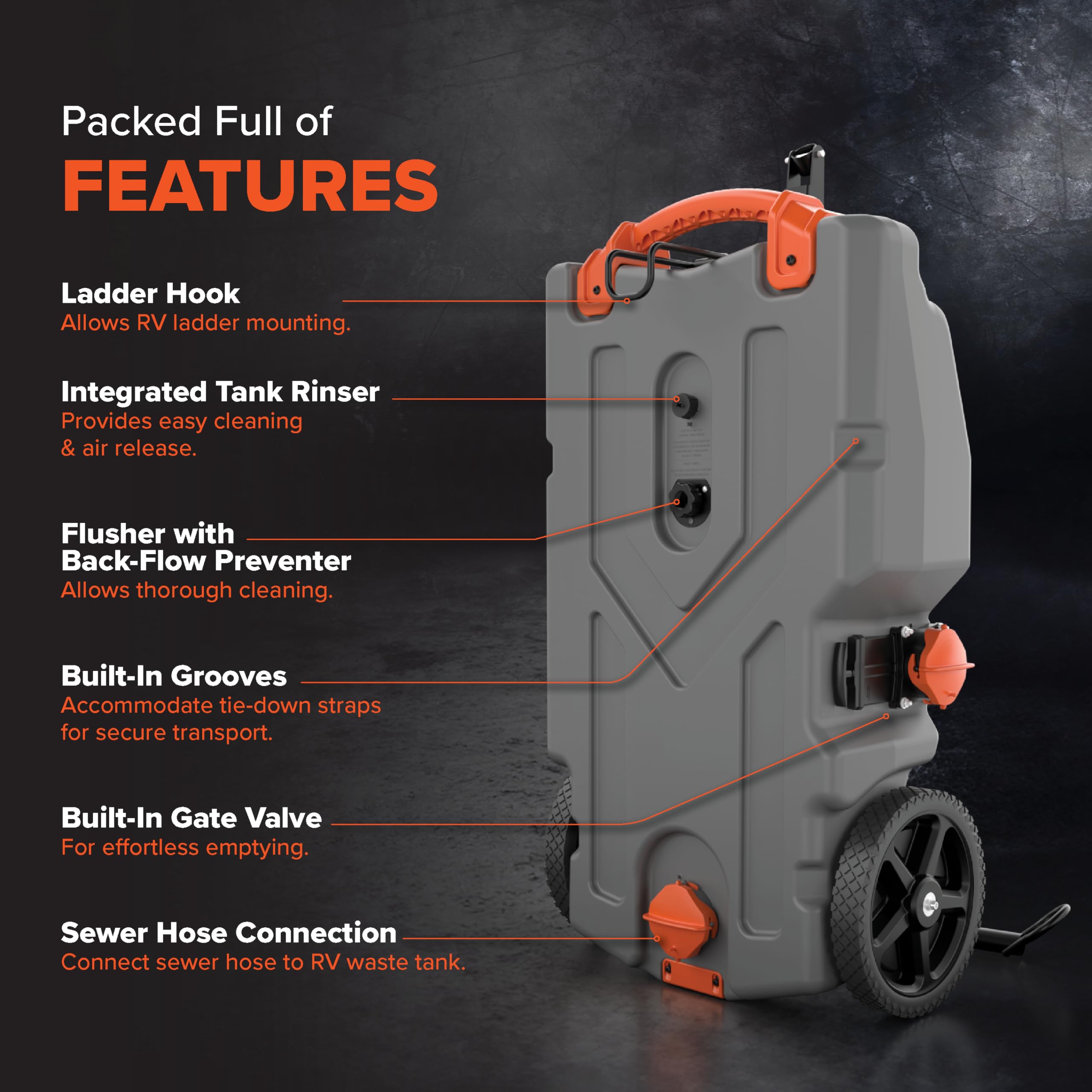 Camco 36-Gallon Rhino Portable RV Tote Tank - Features 2 Steerable No-Flat Front Wheels & Built-in Gate Valve - Includes Removable 24" Tow Bar, 3’ Sewer Hose & More RV Accessories (39007)