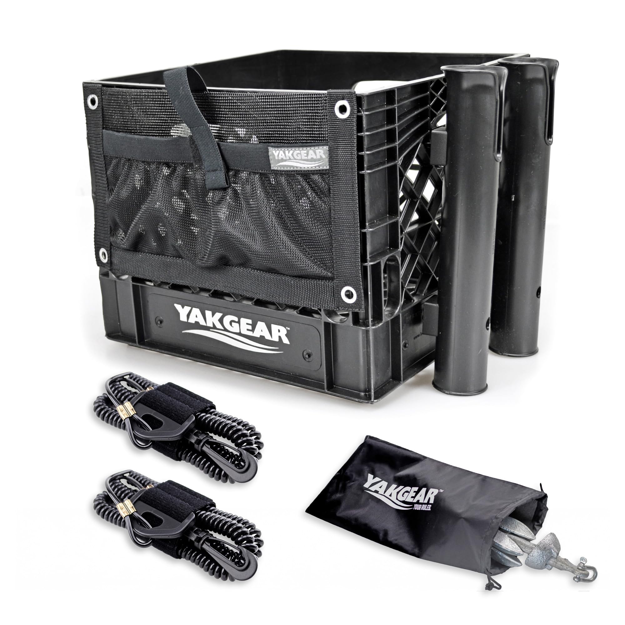 Kayak Angler Kit Crate – Basic YakGear | Complete Kayak Fishing Storage System with Double Rod Holder, Accessory Pouch, Anchor Kit, Utility Leashes & Heavy-Duty Milk Crate