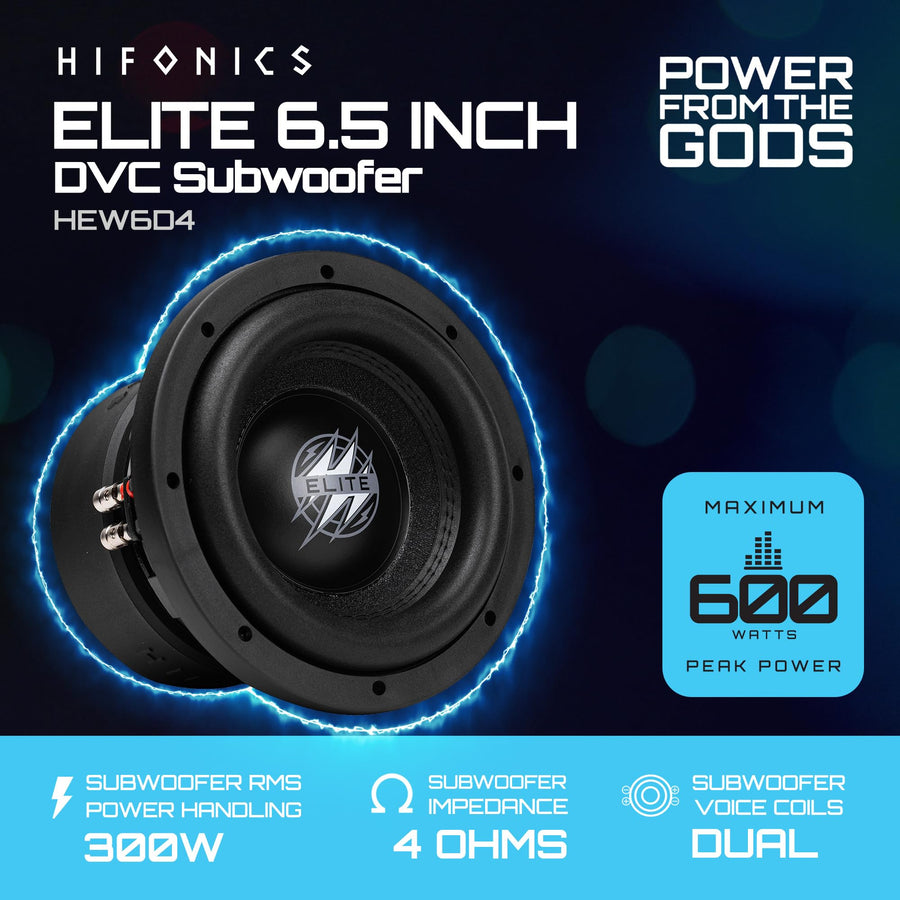 Hifonics 6.5 Inch Elite Car Mount Subwoofer with Dual 4 Ohm Voice Coil Speaker 600 Watt Peak Power Mobile Amplifier System, Black