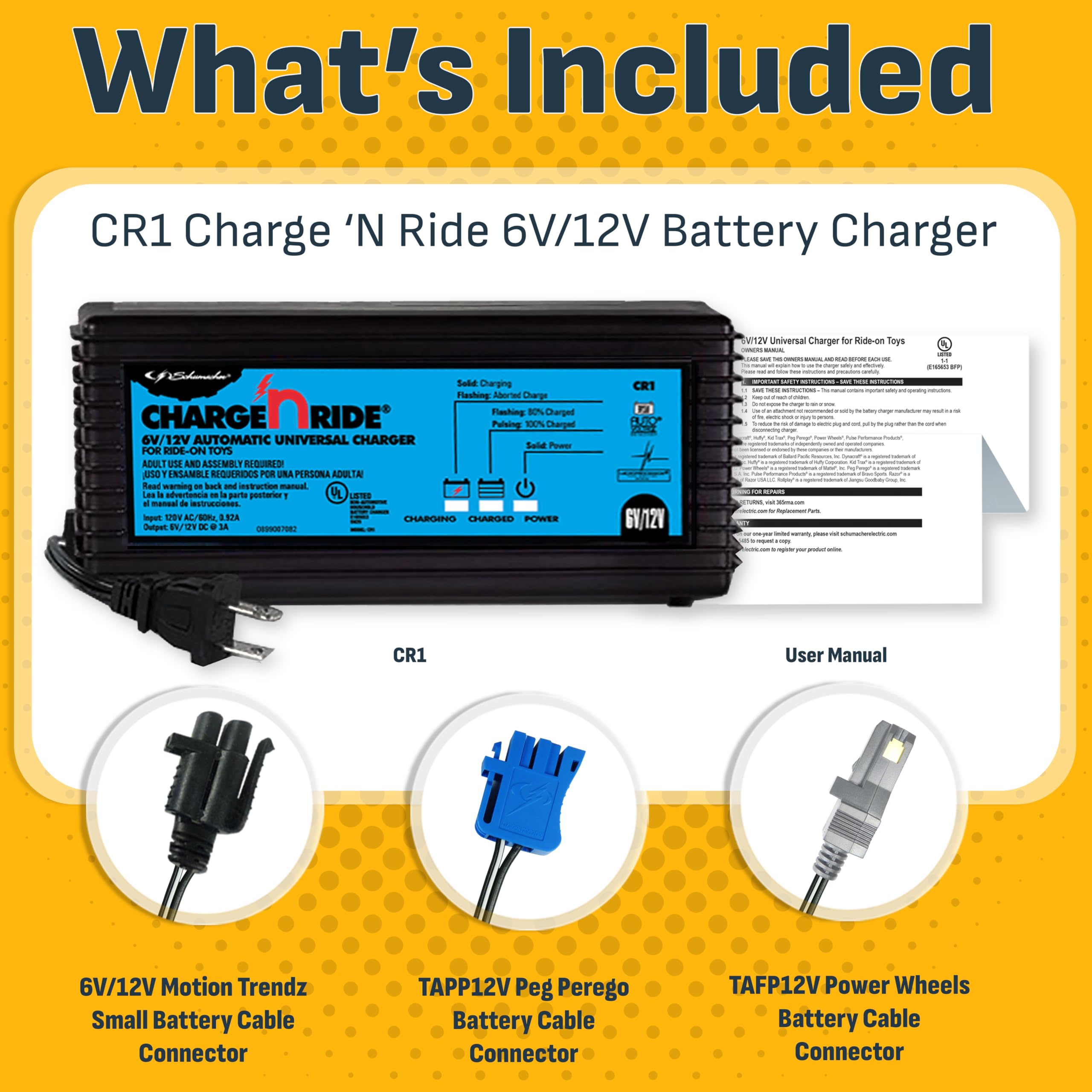 Schumacher Electric Universal Charge 'n Ride Battery Charger and Maintainer for Ride-on Toys, CR1, 2-in-1, Fully Automatic, 3 Amps, 6 Volt, 12 Volt, Use with MotionTrendz, Power Wheels, and Peg Pergo