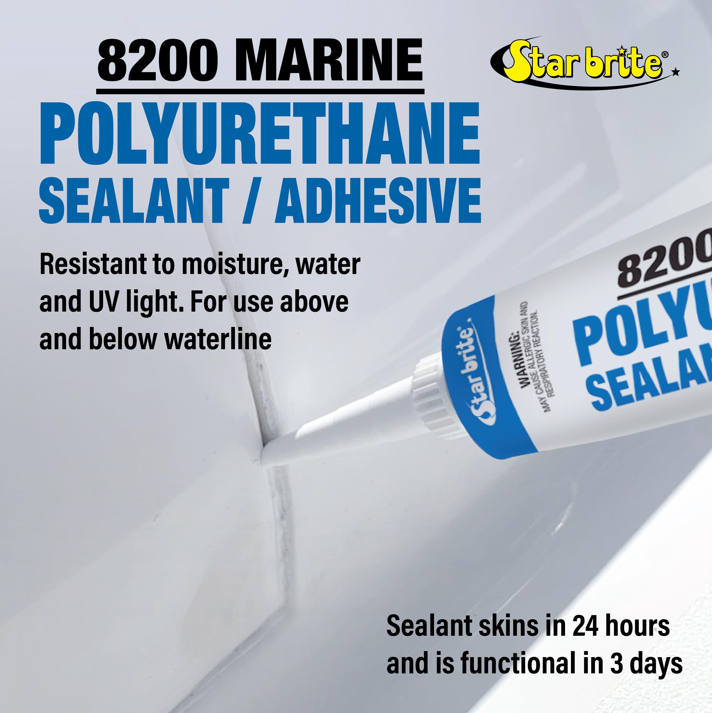 Marine Polyurethane Sealant & Adhesive STAR BRITE - Permanent Waterproof Bond for Decks, Hulls, Wood, Fiberglass - Flexible, Paintable, UV & Water Resistant - Above & Below Waterline - White (083301)