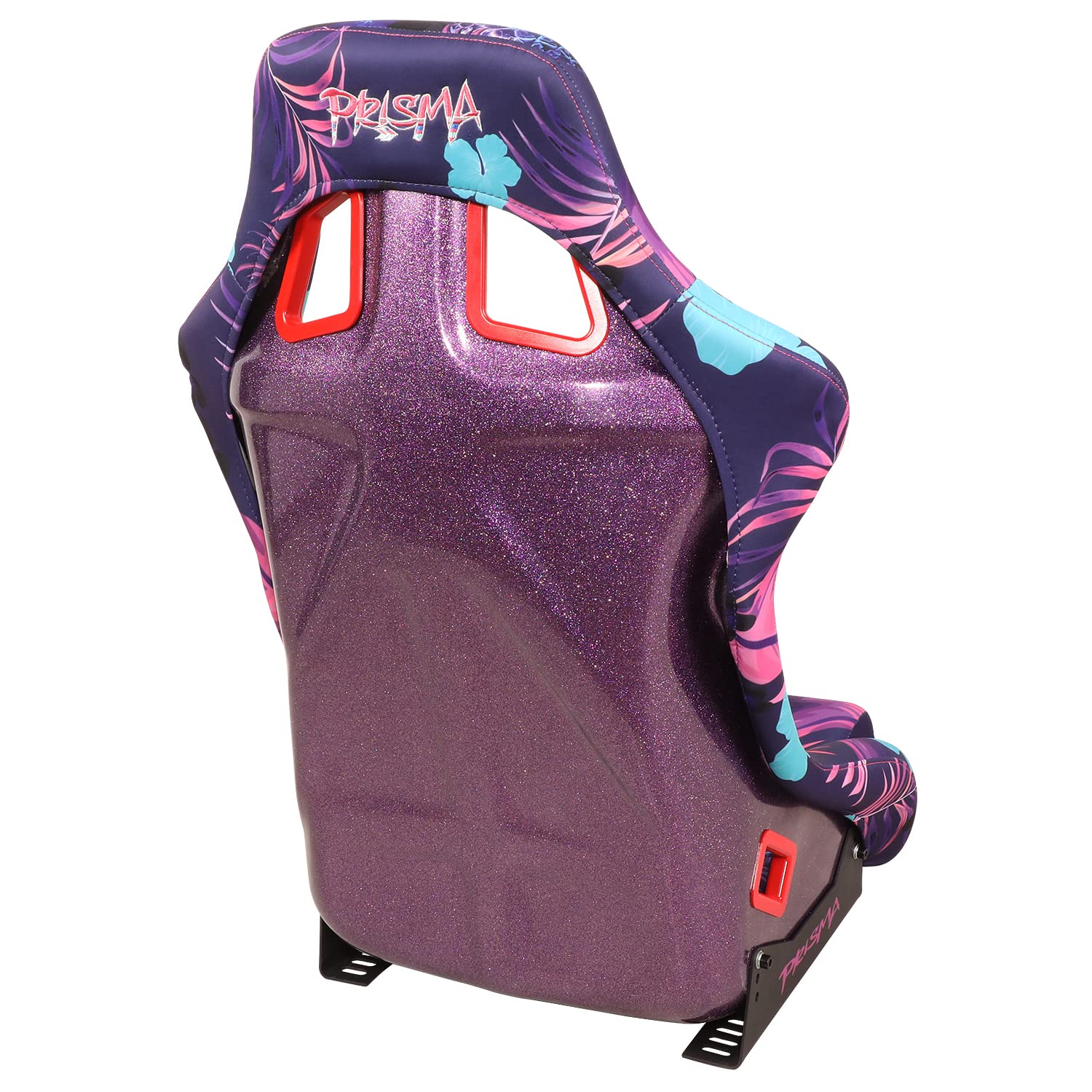NRG Innovations Prisma FRP-302-PINA Fixed Back Bucket Racing Seat with Bottom Mount Bracket, Invert Tropical Print/Purple Sparkled Paint Back